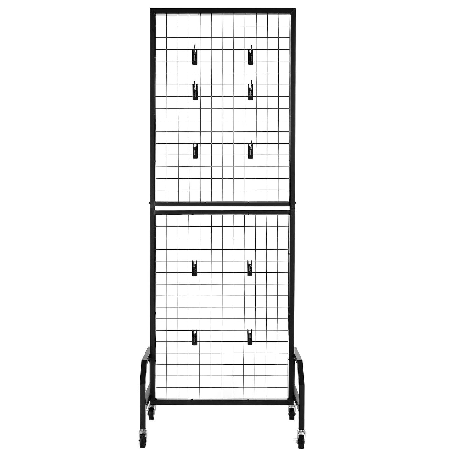 Grid Wall Panel, 600 x 1640 mm Wire Grid Panels Display Rack, Movable Art Display Shelf with Wheels and 10 V952-LSWGQ6070INCBK7NM001V0