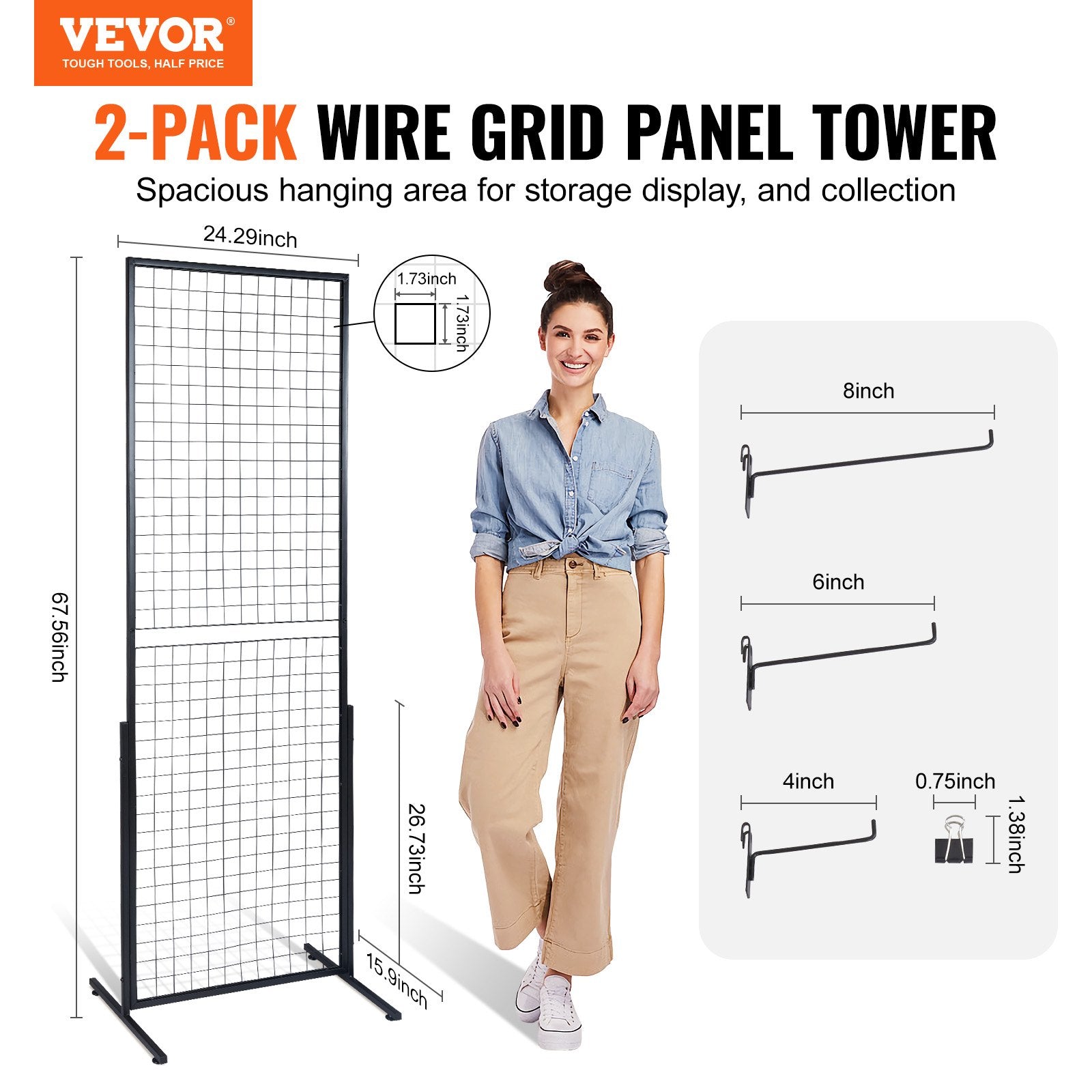 2' x 5.6' Grid Wall Panels Tower, 2 Packs Wire Gridwall Display Racks with T-Base Floorstanding, Double Side V952-LSWGQ6878INCNL5GHV0