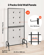 2 Packs Grid Wall Panels, 898 x 1798 mm Wire Grid Panels Display Rack, Movable Art Display Shelf with Wheels V952-LSWGQ7080INCADLXP001V0