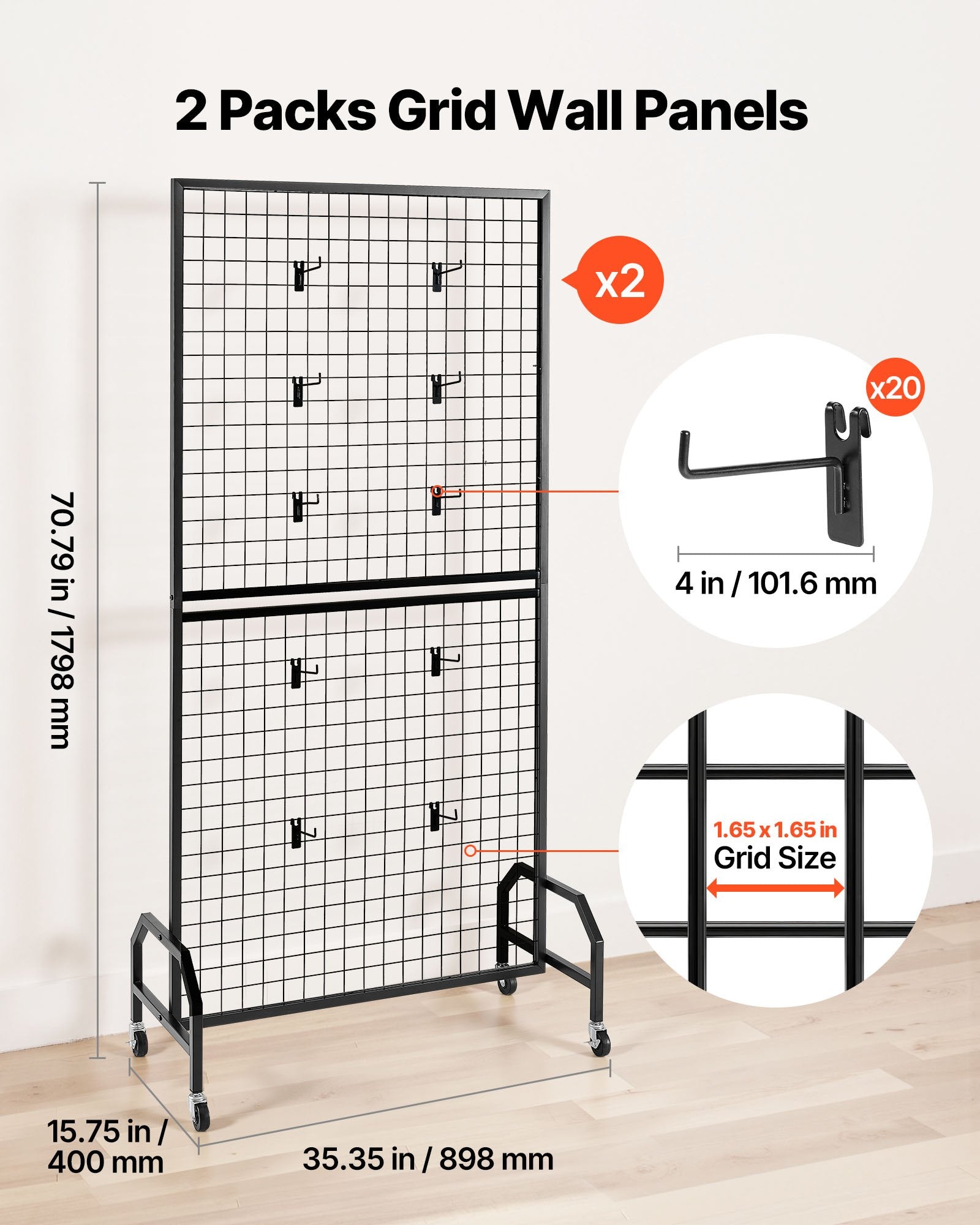 2 Packs Grid Wall Panels, 898 x 1798 mm Wire Grid Panels Display Rack, Movable Art Display Shelf with Wheels V952-LSWGQ7080INCADLXP001V0