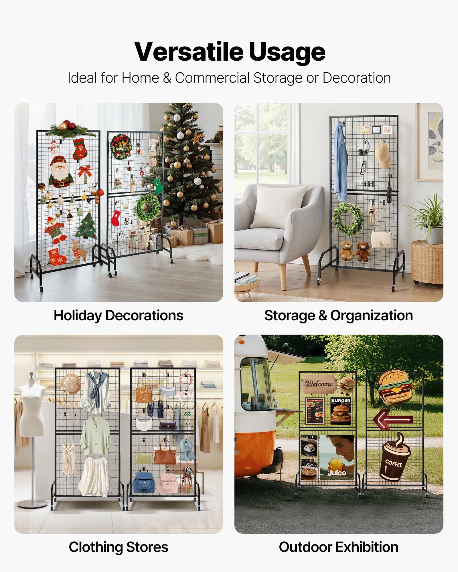 2 Packs Grid Wall Panels, 898 x 1798 mm Wire Grid Panels Display Rack, Movable Art Display Shelf with Wheels V952-LSWGQ7080INCADLXP001V0
