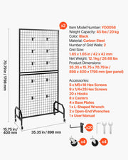 2 Packs Grid Wall Panels, 898 x 1798 mm Wire Grid Panels Display Rack, Movable Art Display Shelf with Wheels V952-LSWGQ7080INCADLXP001V0