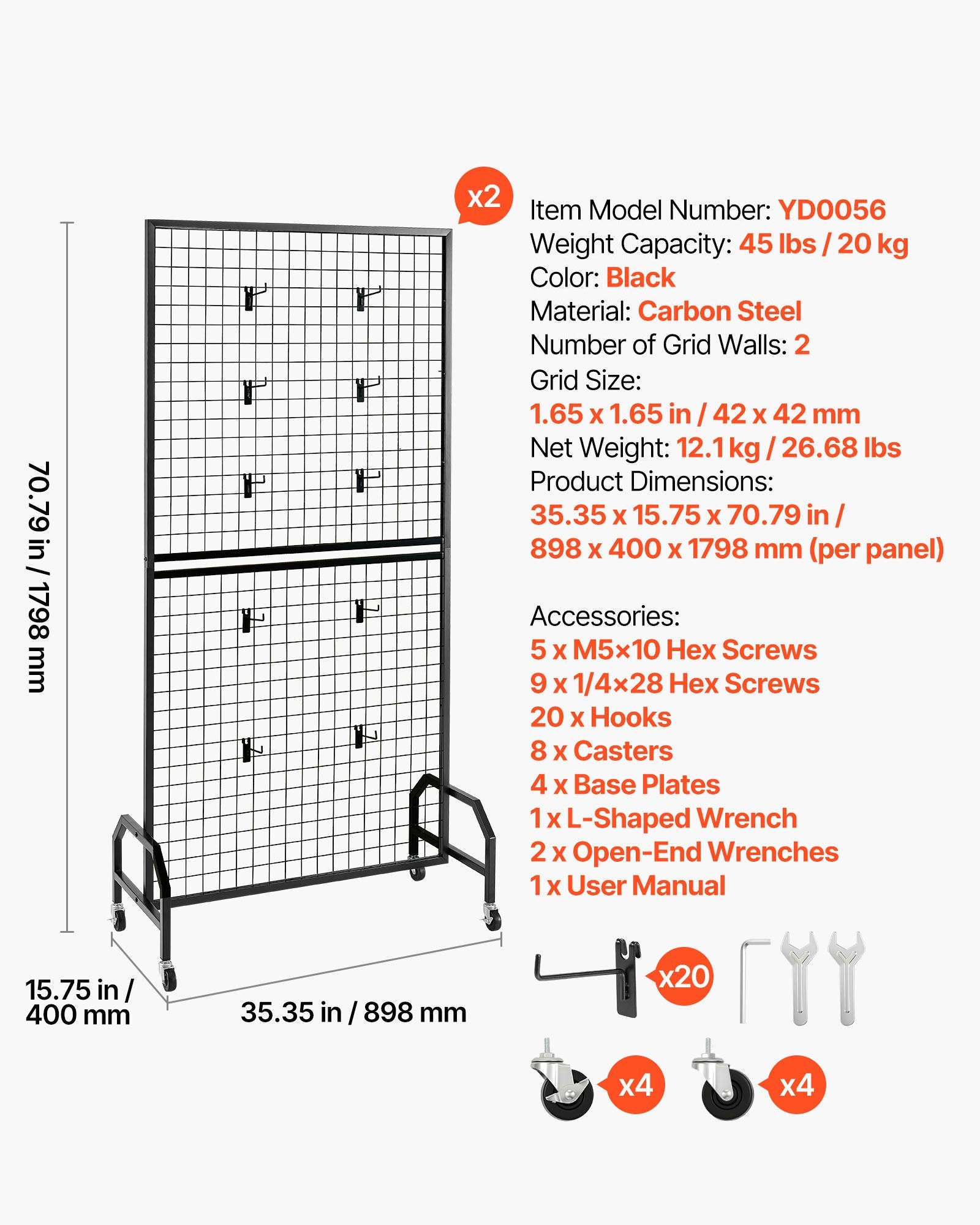 2 Packs Grid Wall Panels, 898 x 1798 mm Wire Grid Panels Display Rack, Movable Art Display Shelf with Wheels V952-LSWGQ7080INCADLXP001V0