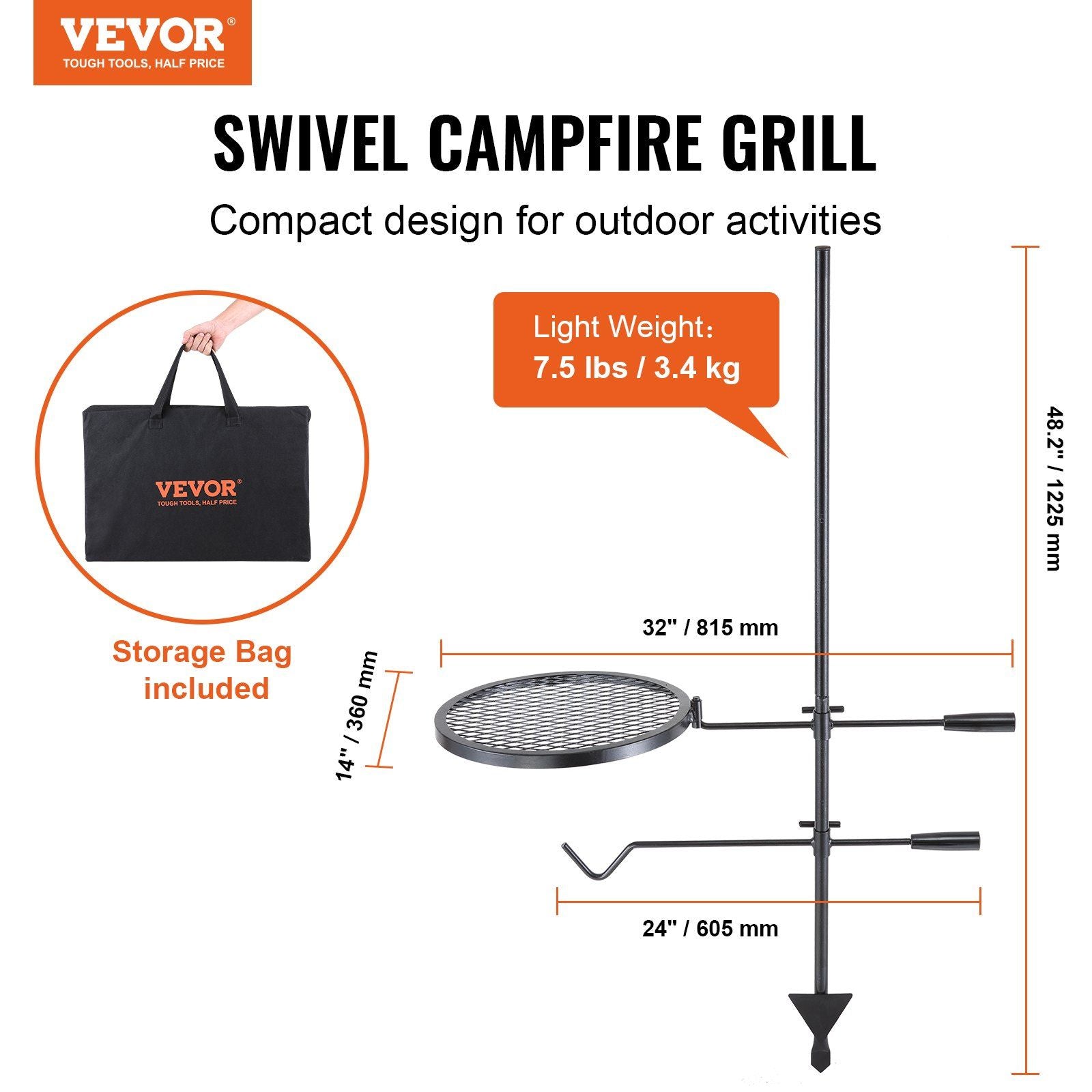 Swivel Campfire Grill Heavy Duty Steel Open Fire Cooking Grate Adjustable V952-LSYYKJDGL1414CJXOV0