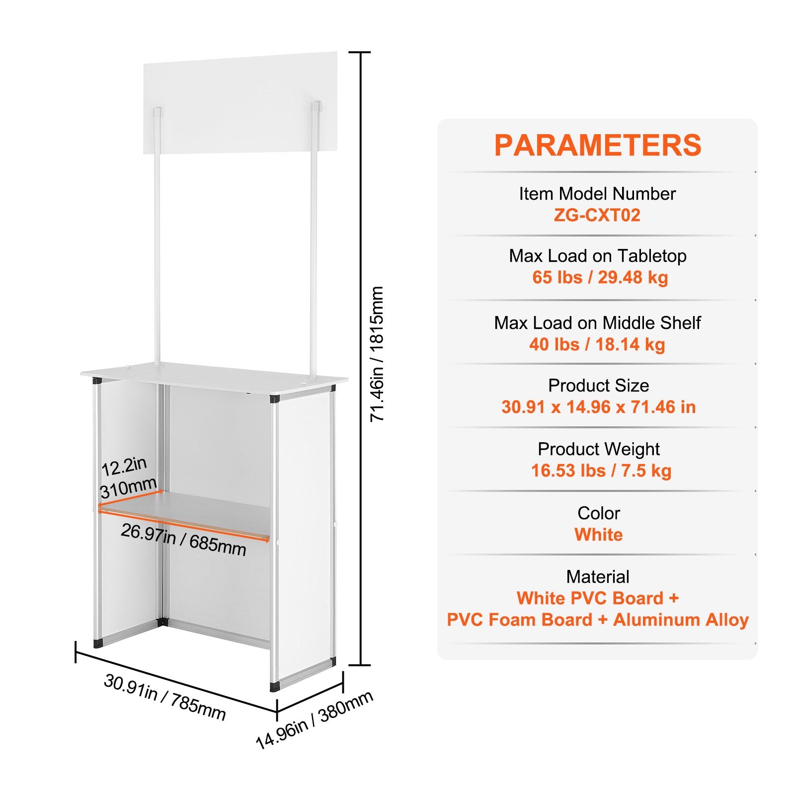 Portable Tradeshow Podium Table, 785 x 380 x 1815 mm, Display Exhibition Counter Stand Booth Fair with Wall, V952-LSZST20DCSHFJDPZYV0