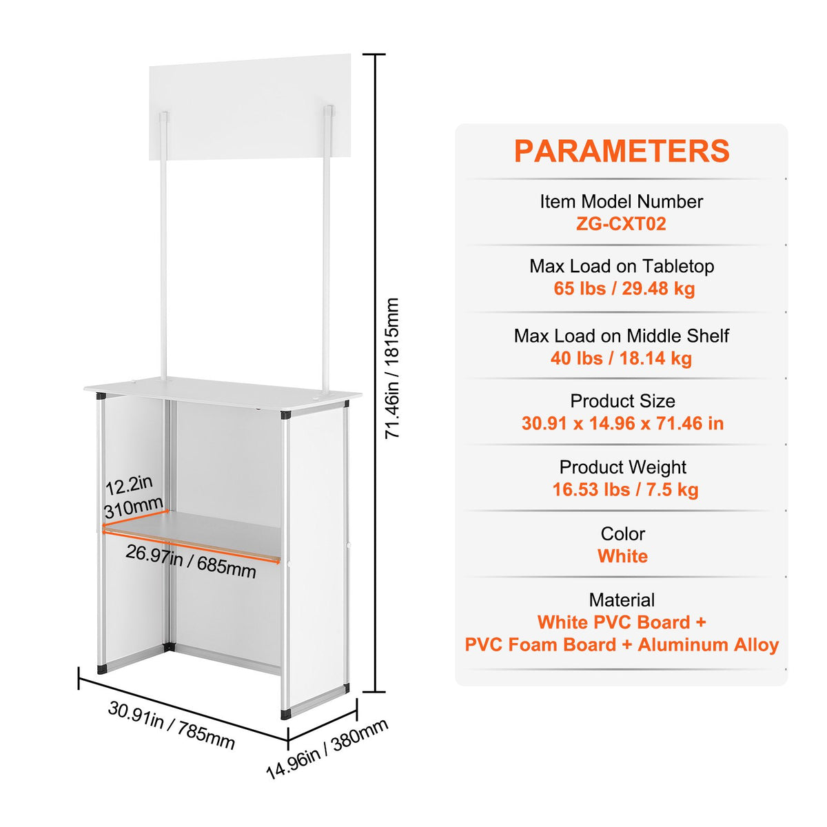 Portable Tradeshow Podium Table, 785 x 380 x 1815 mm, Display Exhibition Counter Stand Booth Fair with Wall, V952-LSZST20DCSHFJDPZYV0