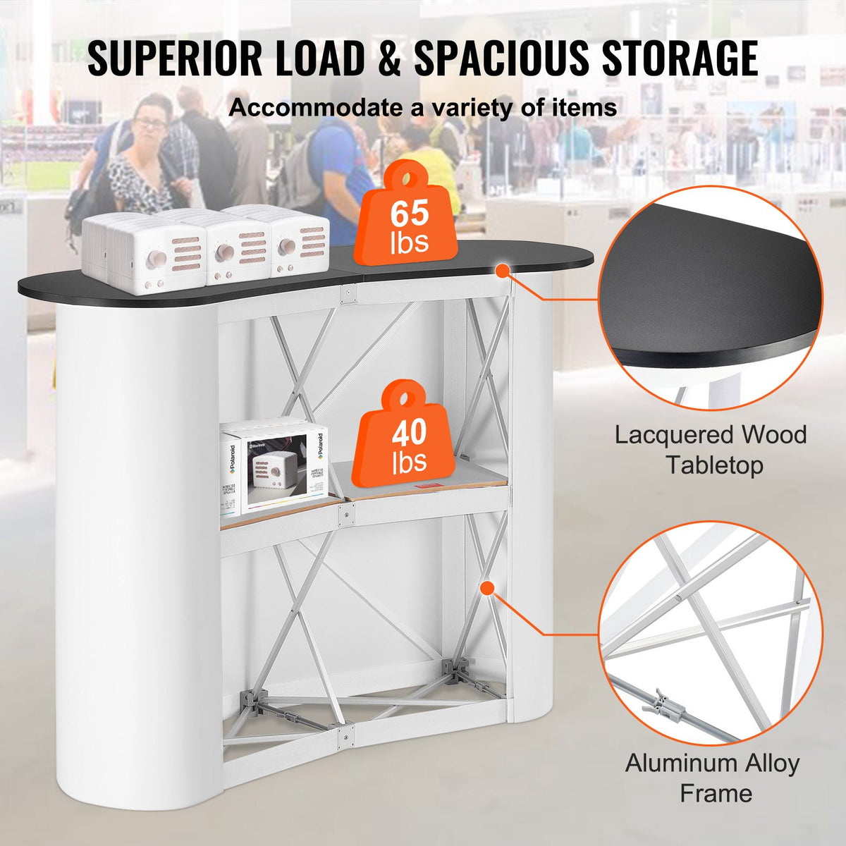 Portable Tradeshow Podium Table, 1300 x 465 x 950 mm, Display Exhibition Counter Stand Booth Fair with Wall, V952-LSZST20DCSLWFTXVPV0