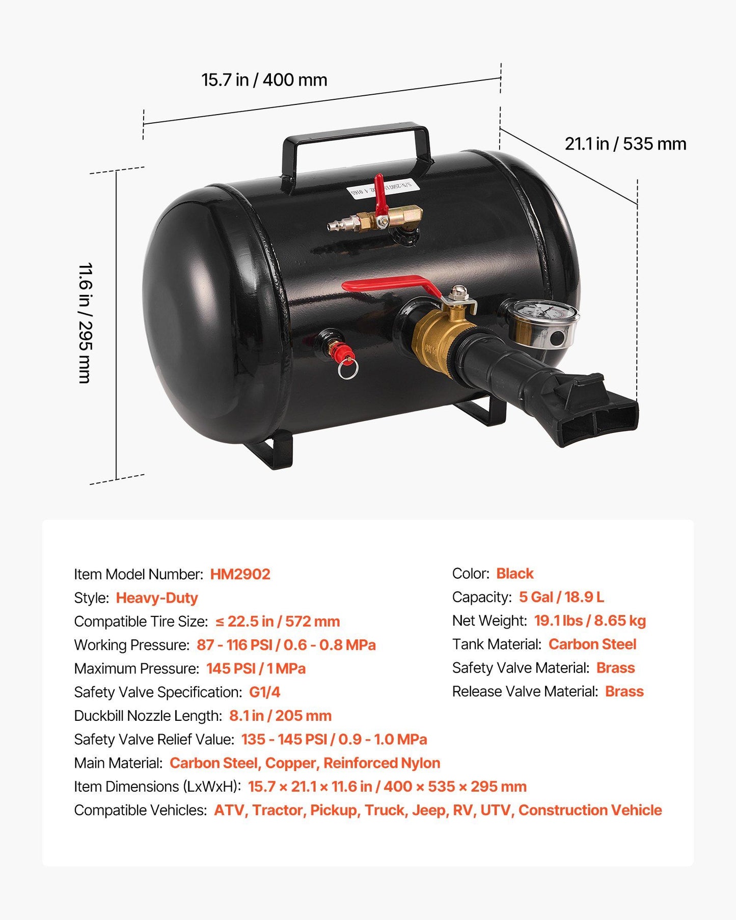 Air Tire Bead Seater, 5 Gal / 18.9 L, Heavy Duty Tire Bead Blaster Tool, 87-116 PSI Operating Pressure, Air V952-LTBCQXZXS5GAFKQSV001V0