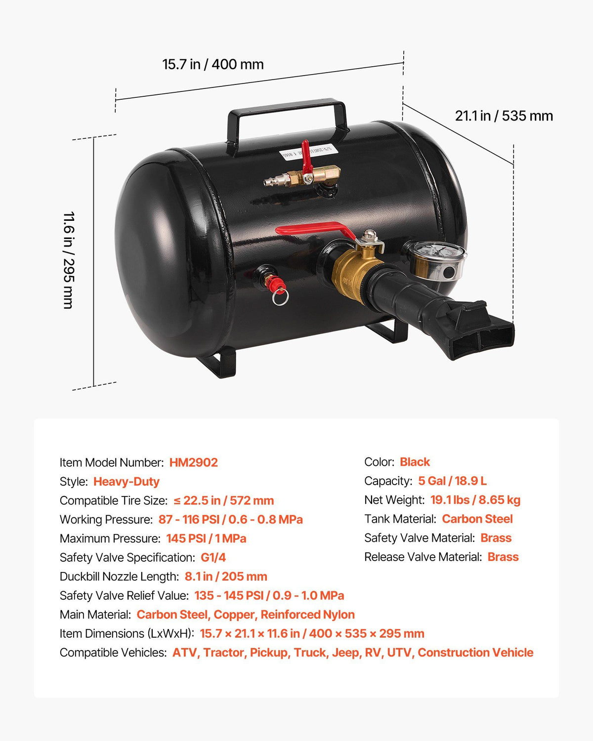 Air Tire Bead Seater, 5 Gal / 18.9 L, Heavy Duty Tire Bead Blaster Tool, 87-116 PSI Operating Pressure, Air V952-LTBCQXZXS5GAFKQSV001V0