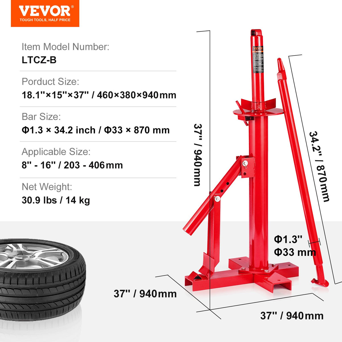 Manual Tire Changer, Portable Hand Bead Breaker Mounting Tool for 203 - 406 mm Tires, Compatible with Car V952-LTCZJZGSHSKRERD9OV0