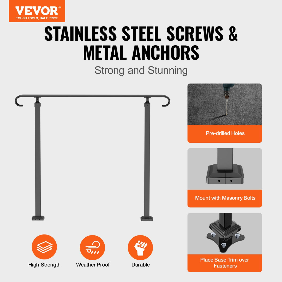 Handrails for Outdoor Steps, Fit 1-3 Steps Wrought Iron Handrail, Outdoor Stair Railing, Adjustable Front V952-LTFS1.2MLZFS00001V0