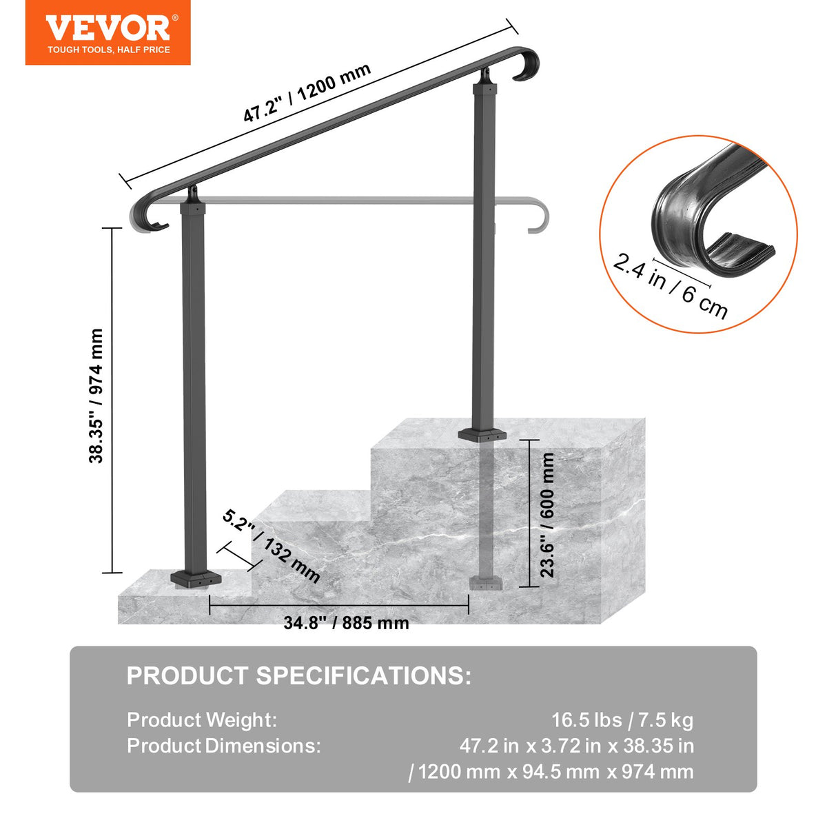 Handrails for Outdoor Steps, Fit 1-3 Steps Wrought Iron Handrail, Outdoor Stair Railing, Adjustable Front V952-LTFS1.2MLZFS00001V0