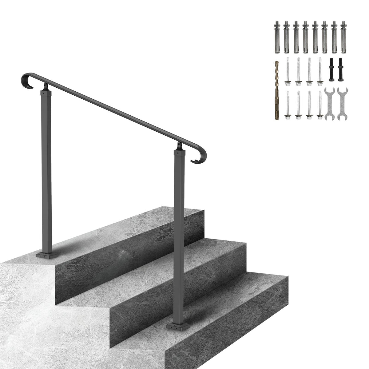 Handrails for Outdoor Steps, Fit 1-3 Steps Wrought Iron Handrail, Outdoor Stair Railing, Adjustable Front V952-LTFS1.2MLZFS00001V0