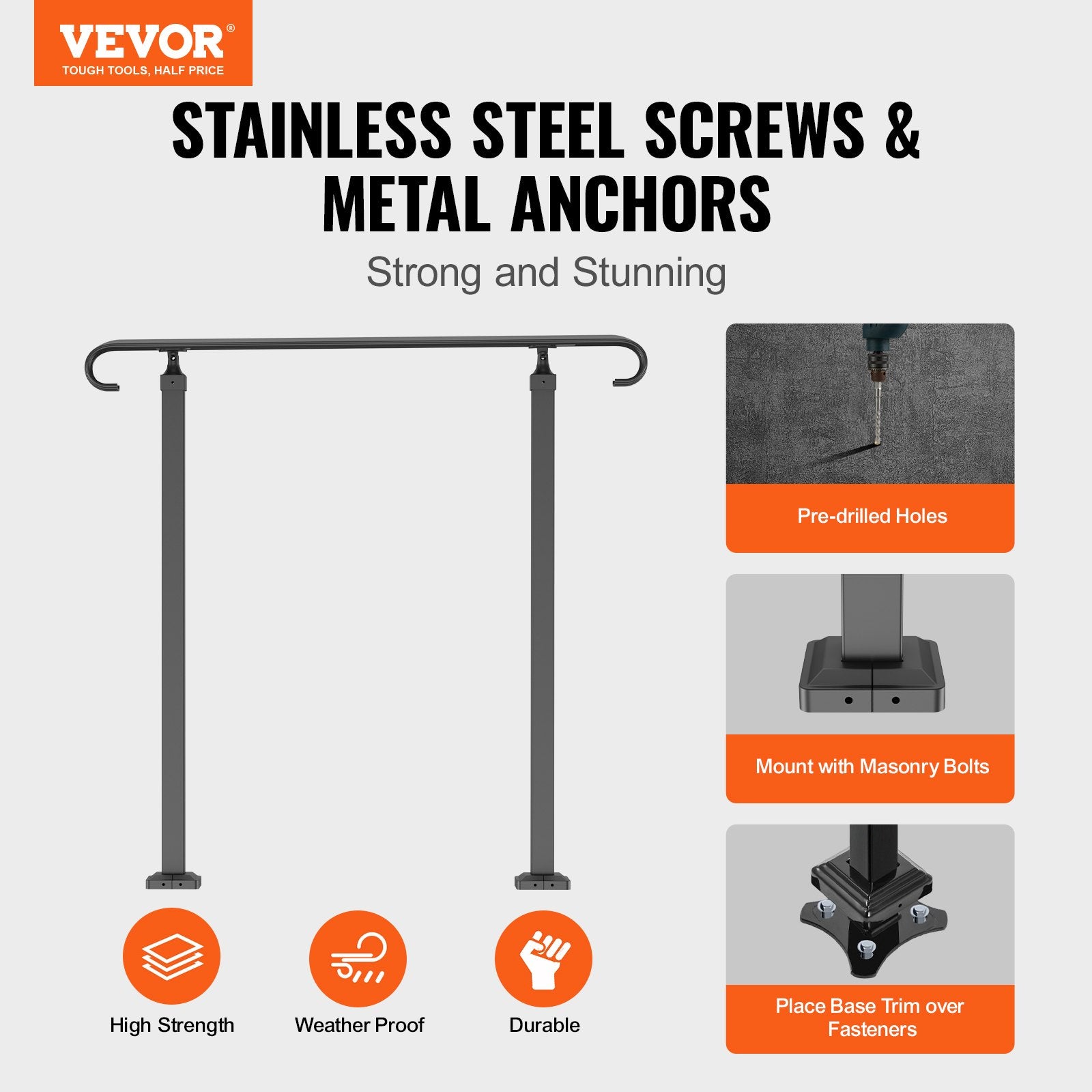 Handrails for Outdoor Steps, Fit 1-3 Steps Outdoor Stair Railing, Wrought Iron Handrail, Adjustable Front V952-LTFS1MLZFS0000001V0