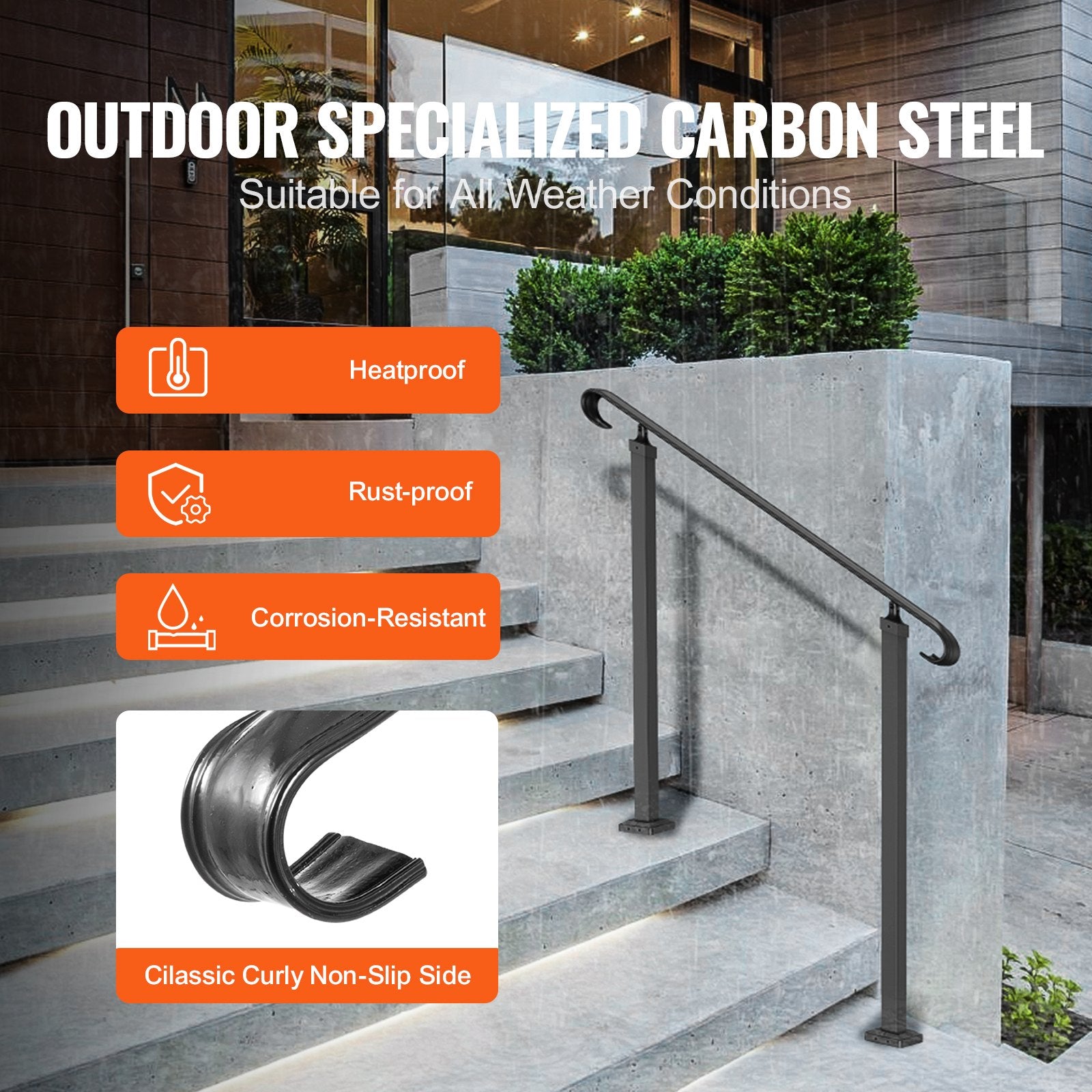Handrails for Outdoor Steps, Fit 1-3 Steps Outdoor Stair Railing, Wrought Iron Handrail, Adjustable Front V952-LTFS1MLZFS0000001V0