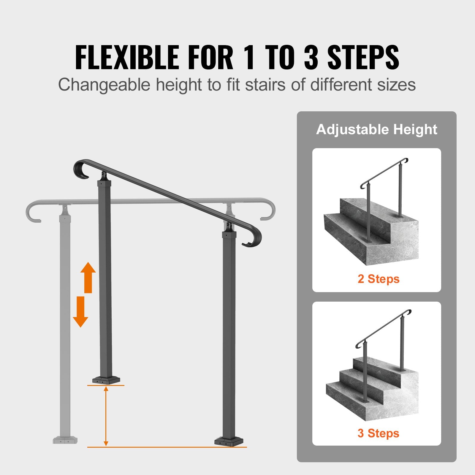Handrails for Outdoor Steps, Fit 1-3 Steps Outdoor Stair Railing, Wrought Iron Handrail, Adjustable Front V952-LTFS1MLZFS0000001V0