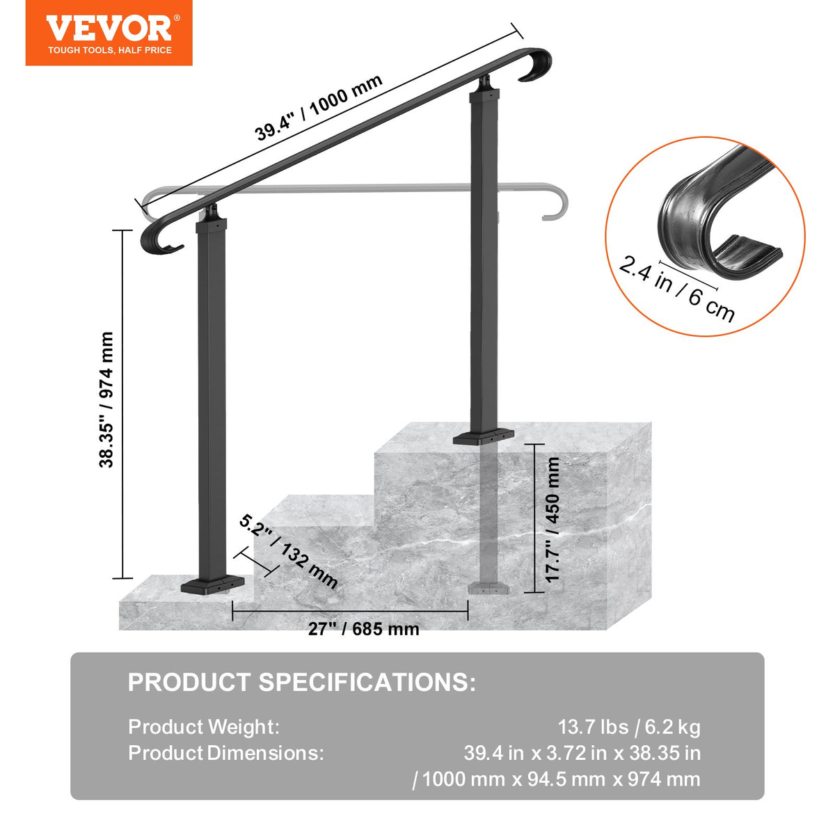 Handrails for Outdoor Steps, Fit 1-3 Steps Outdoor Stair Railing, Wrought Iron Handrail, Adjustable Front V952-LTFS1MLZFS0000001V0
