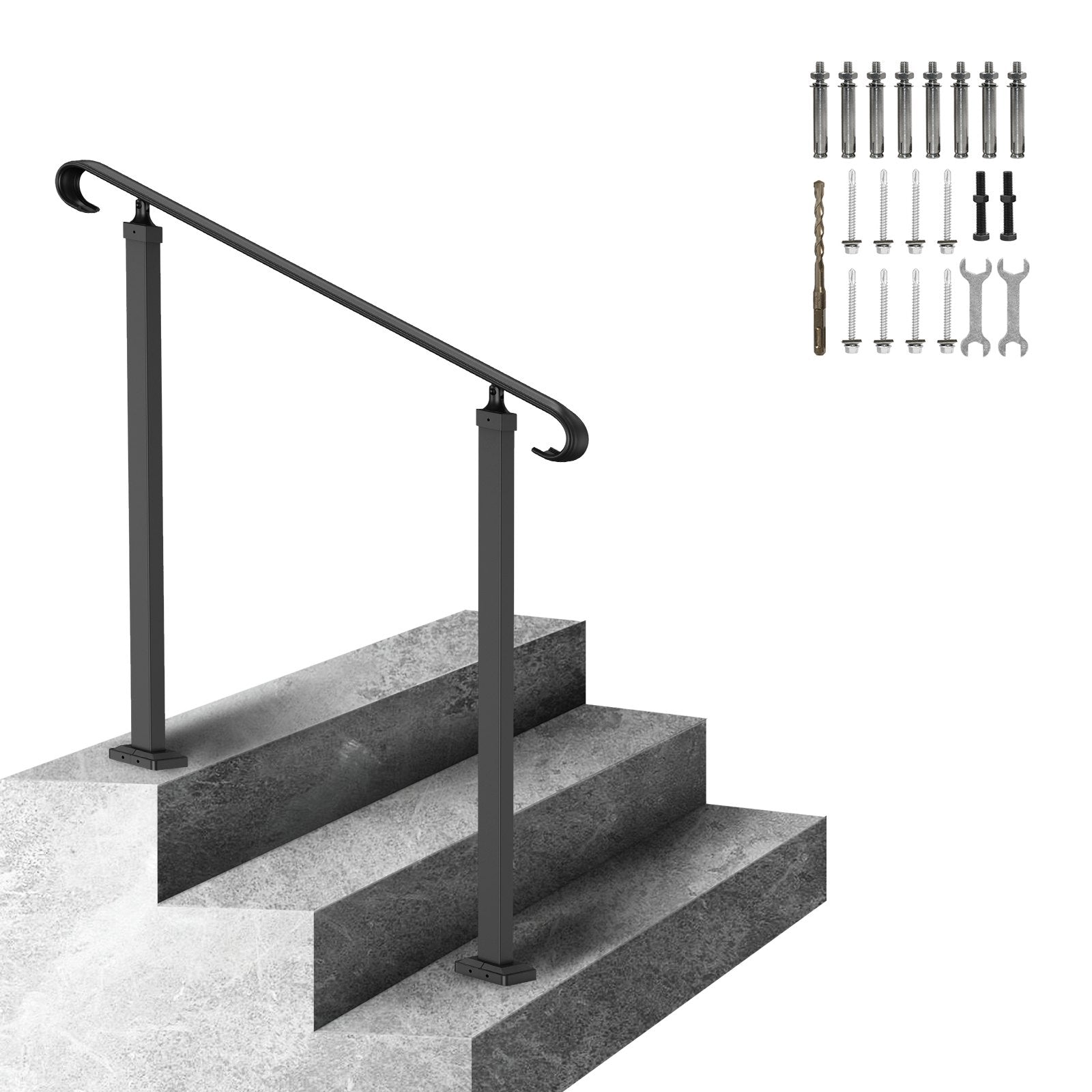 Handrails for Outdoor Steps, Fit 1-3 Steps Outdoor Stair Railing, Wrought Iron Handrail, Adjustable Front V952-LTFS1MLZFS0000001V0