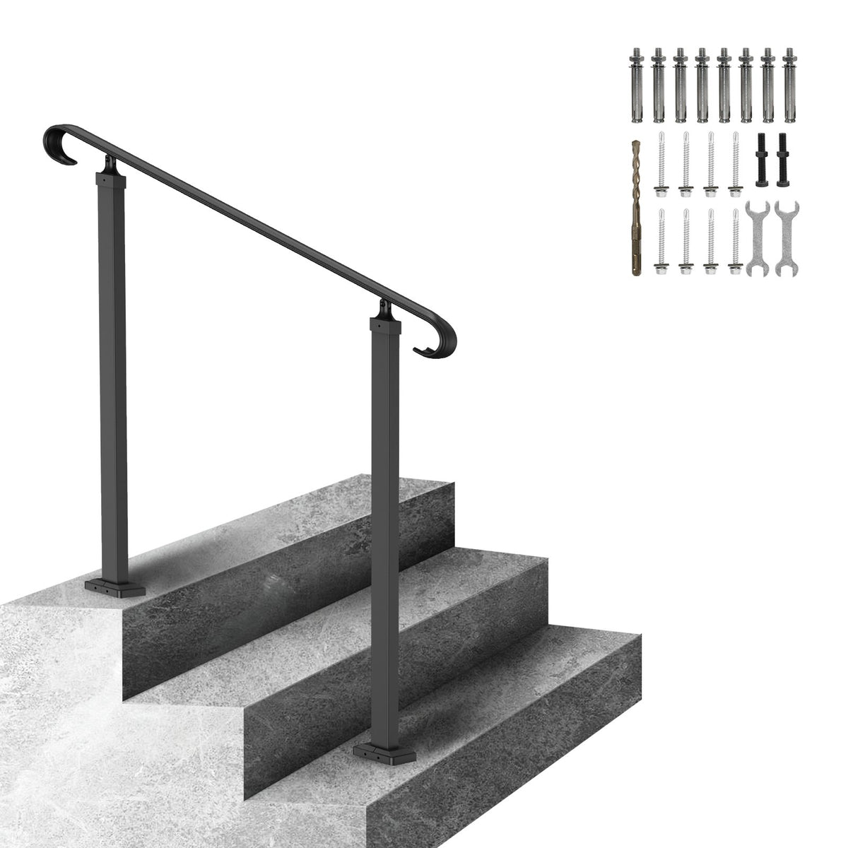 Handrails for Outdoor Steps, Fit 1-3 Steps Outdoor Stair Railing, Wrought Iron Handrail, Adjustable Front V952-LTFS1MLZFS0000001V0