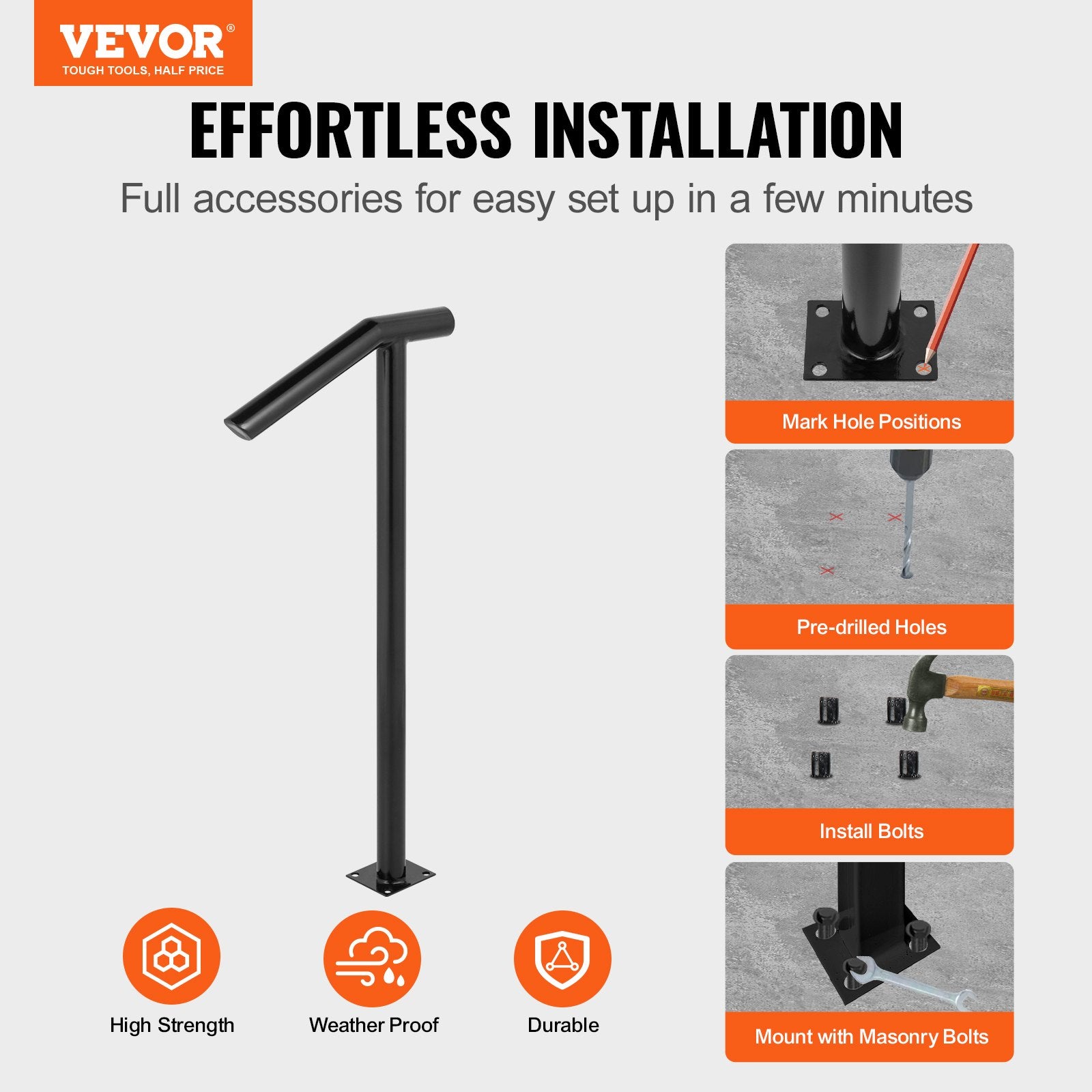 Single Post 1-2, Black Steel Railing 441LBS Capacity Baking Varnish Iron Stairs Stylish Handrails for Outdoor V952-LTFS2BXYGLZHS0001V0