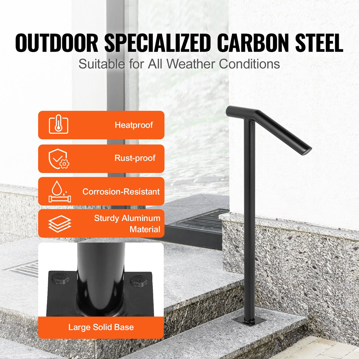 Single Post 1-2, Black Steel Railing 441LBS Capacity Baking Varnish Iron Stairs Stylish Handrails for Outdoor V952-LTFS2BXYGLZHS0001V0