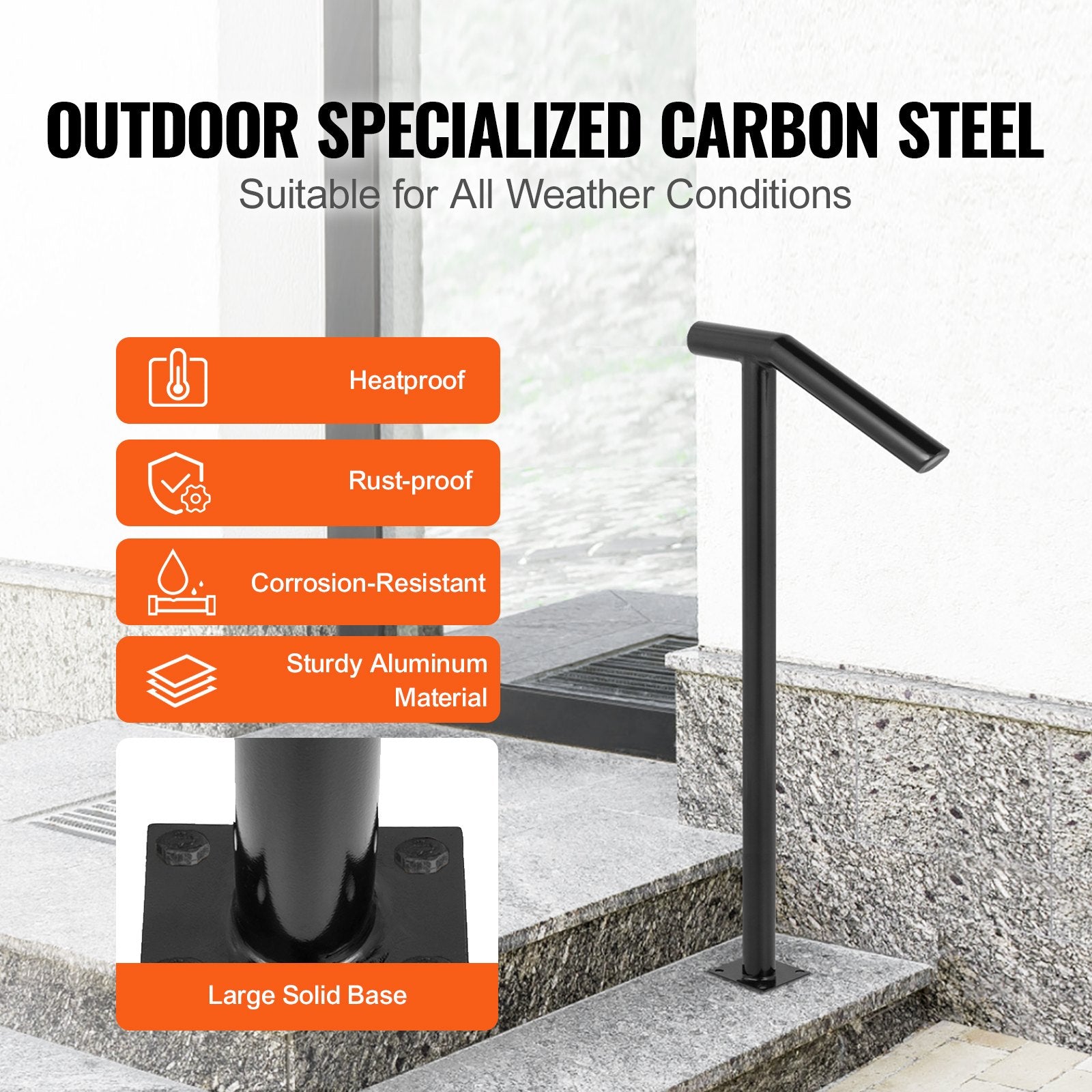 Single Post 1-2, Black Steel Railing 441LBS Capacity Baking Varnish Iron Stairs Stylish Handrails for Outdoor V952-LTFS2BXYGLZHS0001V0