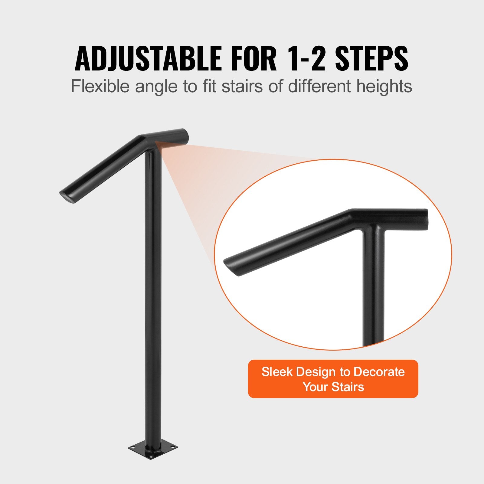 Single Post 1-2, Black Steel Railing 441LBS Capacity Baking Varnish Iron Stairs Stylish Handrails for Outdoor V952-LTFS2BXYGLZHS0001V0