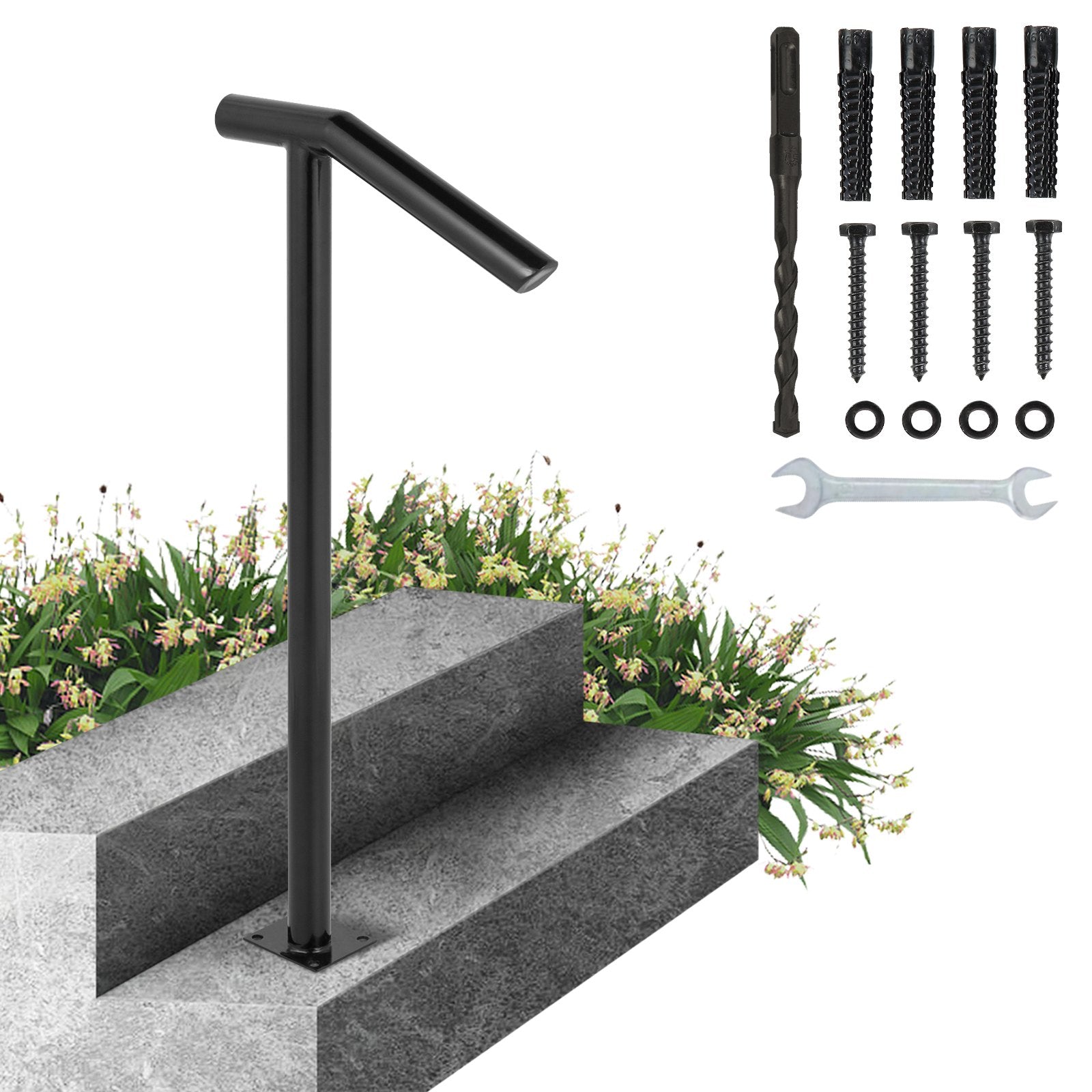 Single Post 1-2, Black Steel Railing 441LBS Capacity Baking Varnish Iron Stairs Stylish Handrails for Outdoor V952-LTFS2BXYGLZHS0001V0