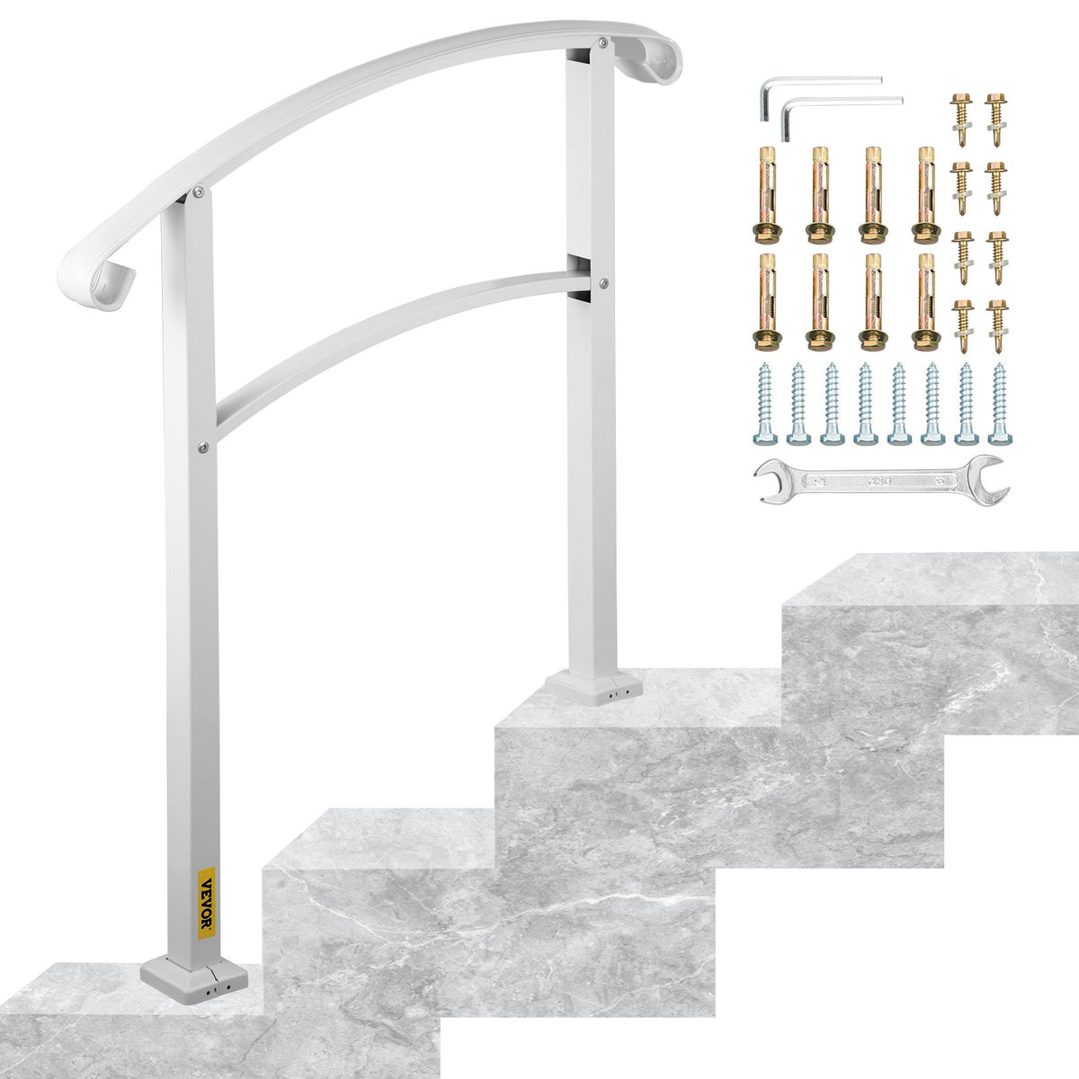 3-Step Handrails for Outdoor Steps Fits 1 or 3 Steps Matte White Stair Rail Wrought Iron Handrail with V952-LTFS3BBSLG0000001V0