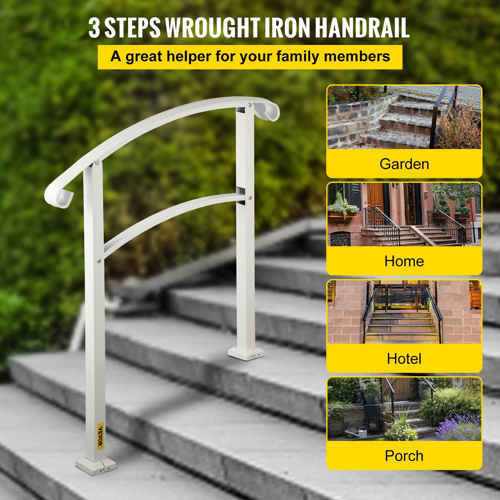 3-Step Handrails for Outdoor Steps Fits 1 or 3 Steps Matte White Stair Rail Wrought Iron Handrail with V952-LTFS3BBSLG0000001V0