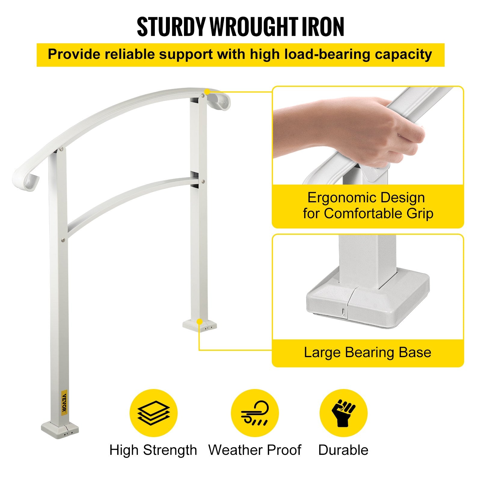 3-Step Handrails for Outdoor Steps Fits 1 or 3 Steps Matte White Stair Rail Wrought Iron Handrail with V952-LTFS3BBSLG0000001V0