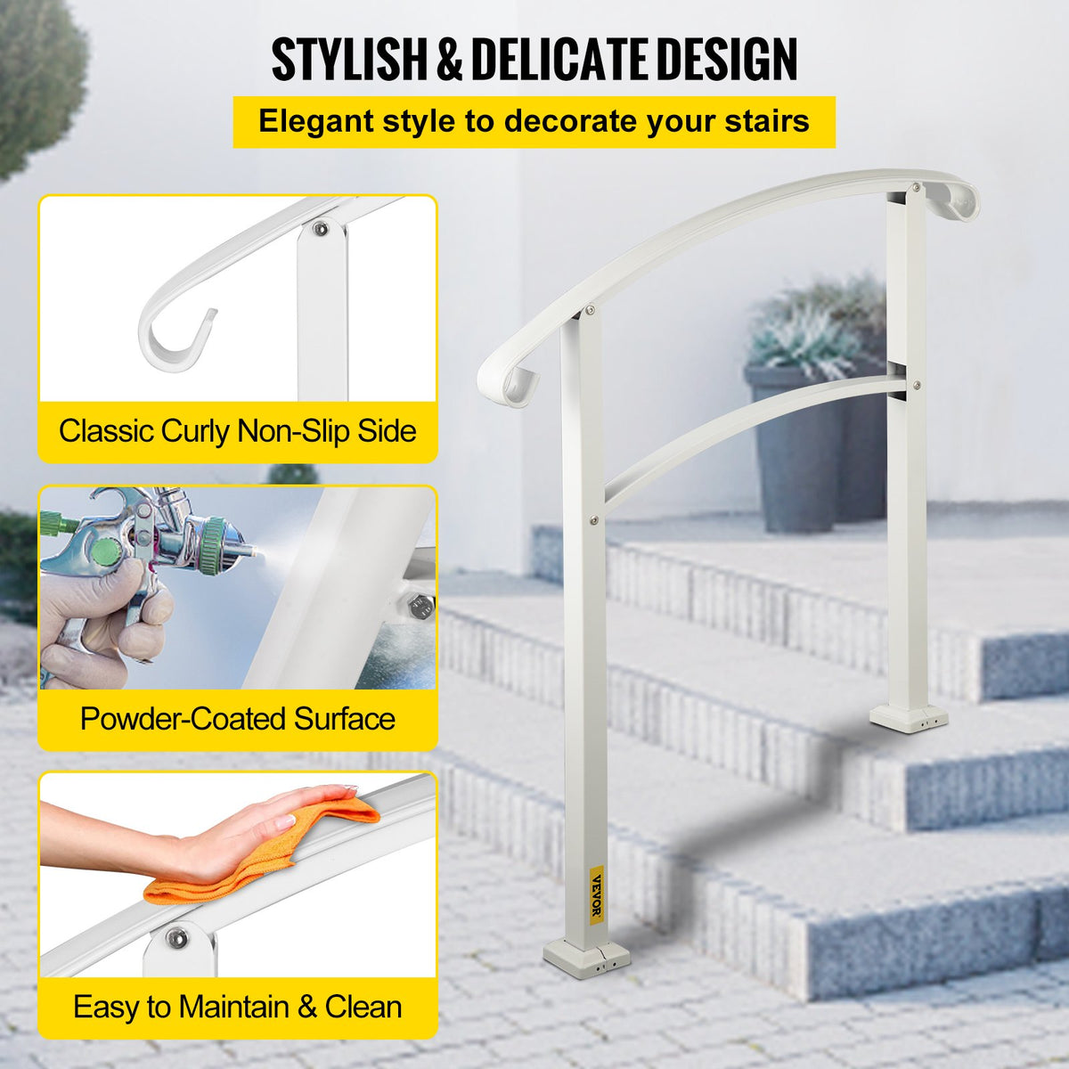 3-Step Handrails for Outdoor Steps Fits 1 or 3 Steps Matte White Stair Rail Wrought Iron Handrail with V952-LTFS3BBSLG0000001V0
