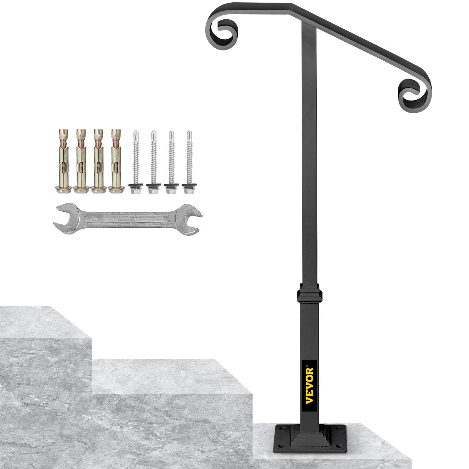 Handrails for Outdoor Steps, Fit 1 or 2 Steps Outdoor Stair Railing, Single Post Wrought Iron Handrail, Gray V952-LTFSSHSDDZJSFS001V0