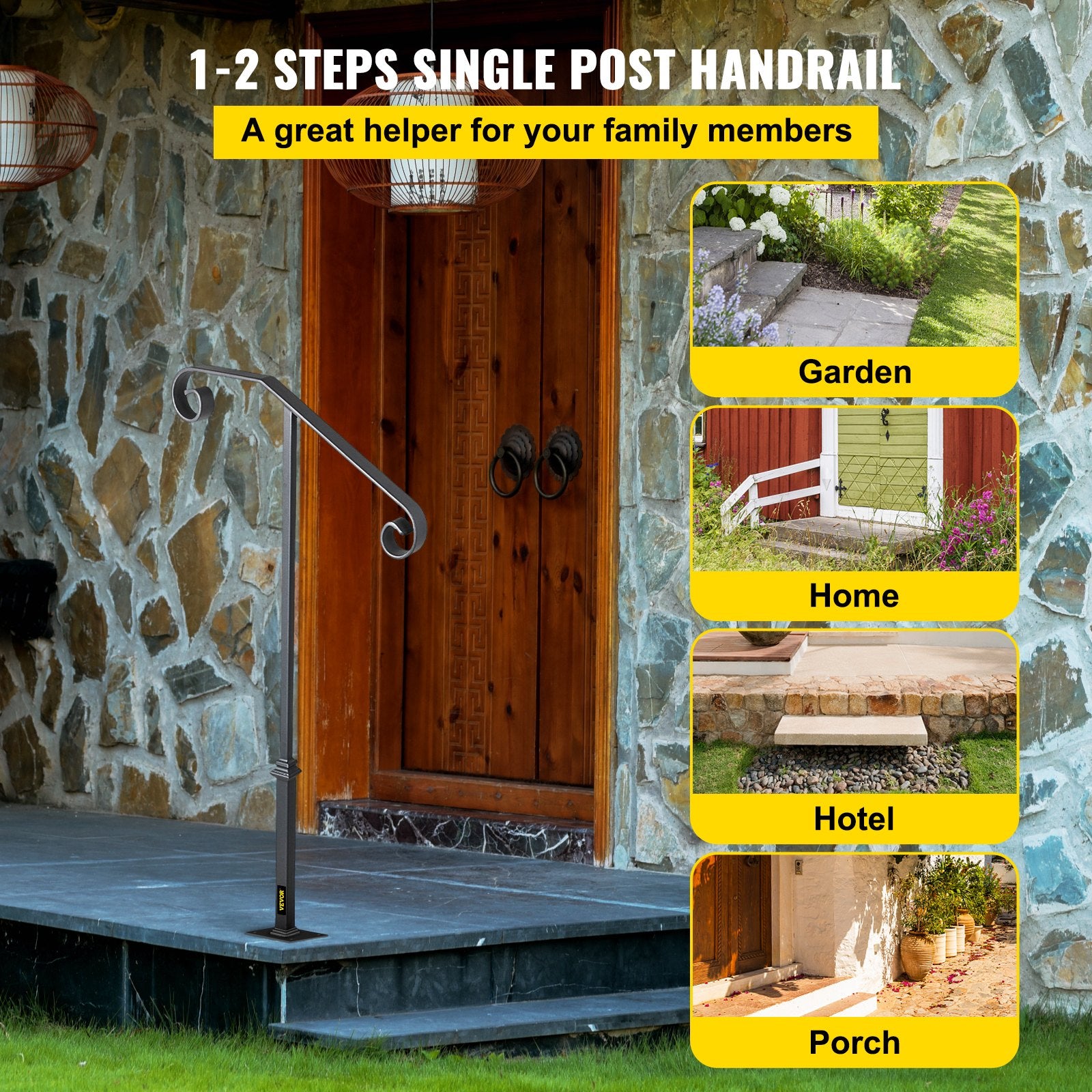 Handrails for Outdoor Steps, Fit 1 or 2 Steps Outdoor Stair Railing, Single Post Wrought Iron Handrail, Gray V952-LTFSSHSDDZJSFS001V0