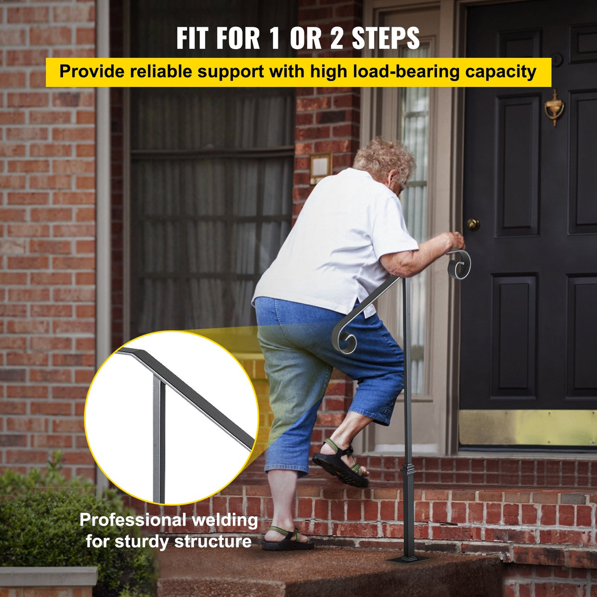 Handrails for Outdoor Steps, Fit 1 or 2 Steps Outdoor Stair Railing, Single Post Wrought Iron Handrail, Gray V952-LTFSSHSDDZJSFS001V0