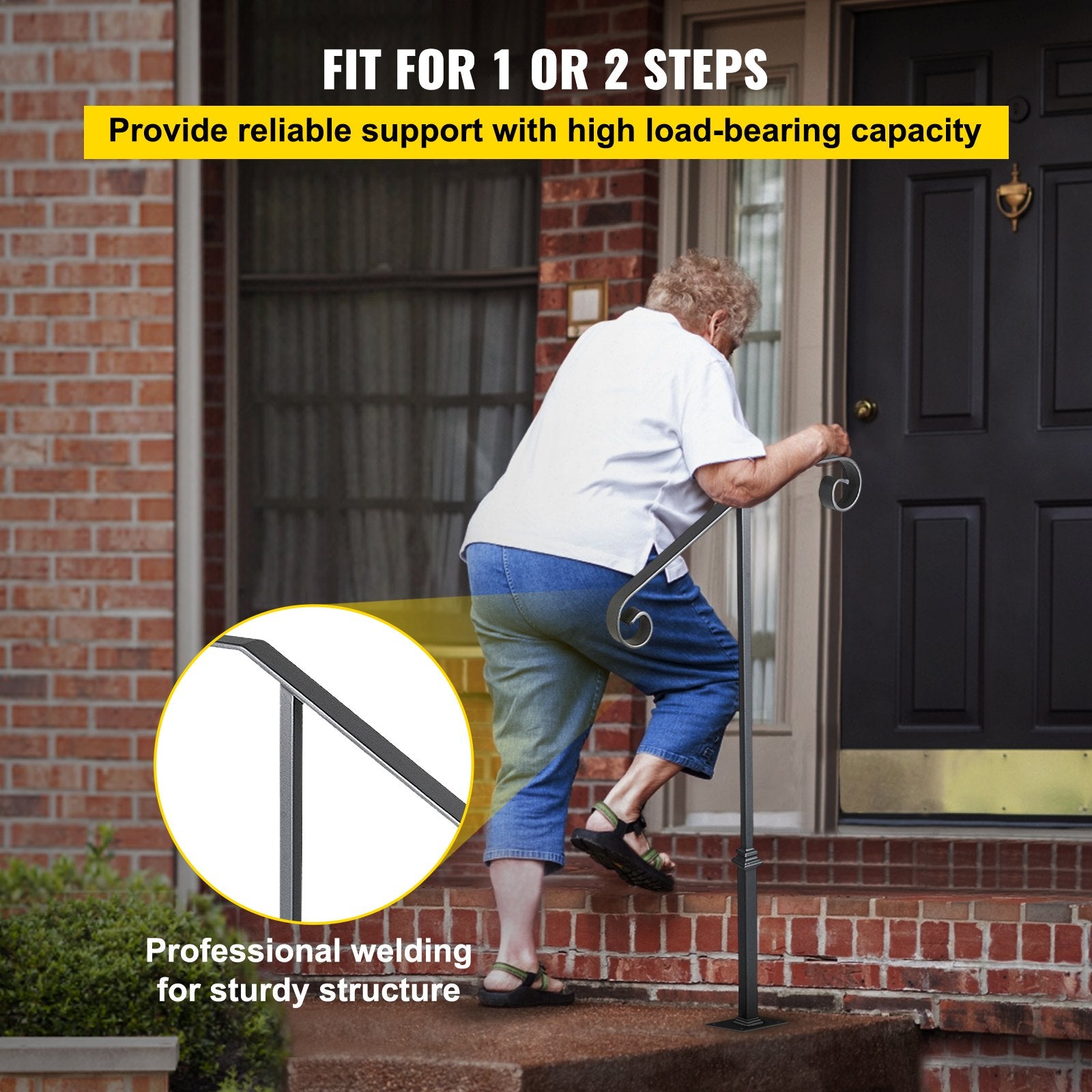 Handrails for Outdoor Steps, Fit 1 or 2 Steps Outdoor Stair Railing, Single Post Wrought Iron Handrail, Gray V952-LTFSSHSDDZJSFS001V0