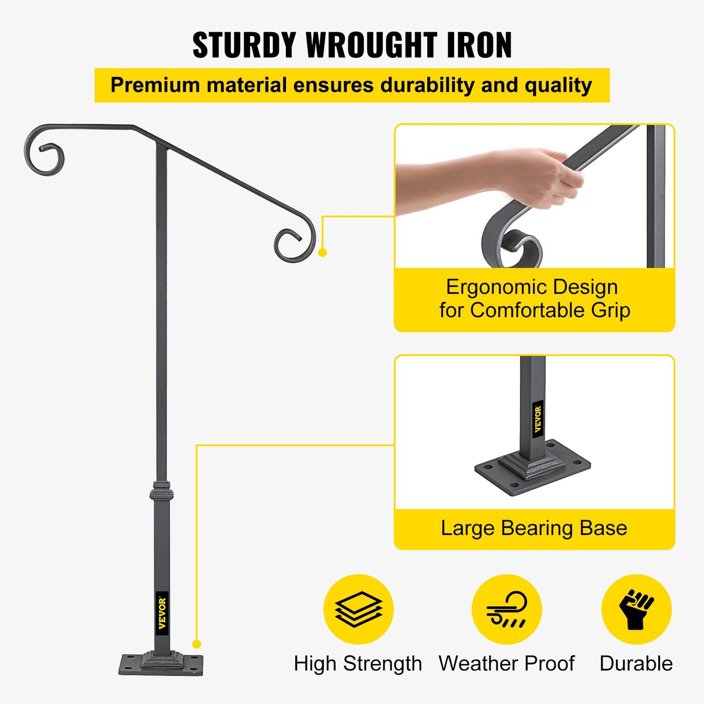 Handrails for Outdoor Steps, Fit 1 or 2 Steps Outdoor Stair Railing, Single Post Wrought Iron Handrail, Gray V952-LTFSSHSDDZJSFS001V0