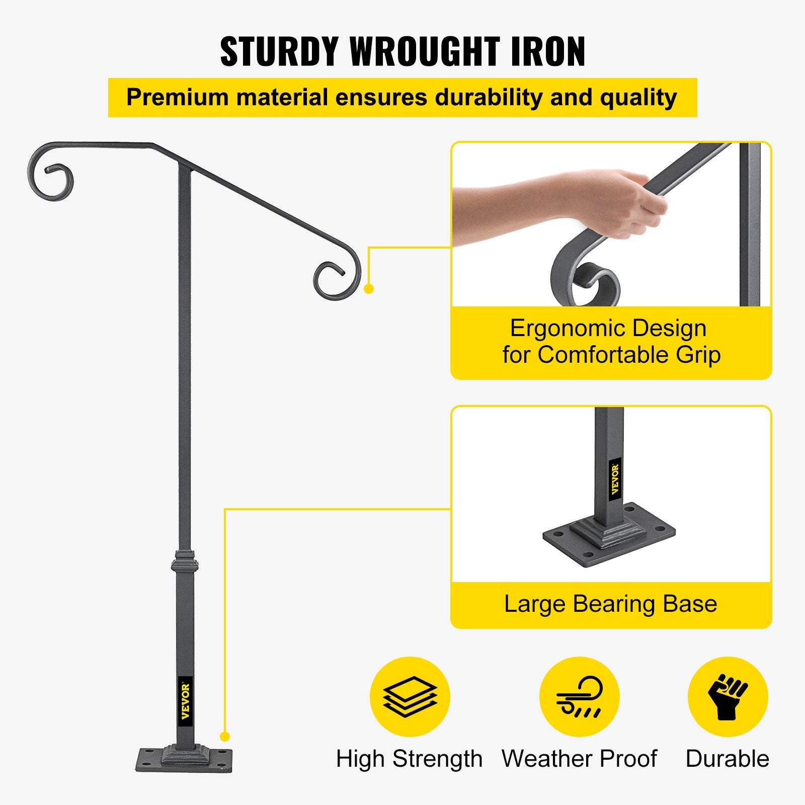 Handrails for Outdoor Steps, Fit 1 or 2 Steps Outdoor Stair Railing, Single Post Wrought Iron Handrail, Gray V952-LTFSSHSDDZJSFS001V0