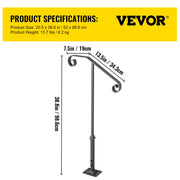 Handrails for Outdoor Steps, Fit 1 or 2 Steps Outdoor Stair Railing, Single Post Wrought Iron Handrail, Gray V952-LTFSSHSDDZJSFS001V0