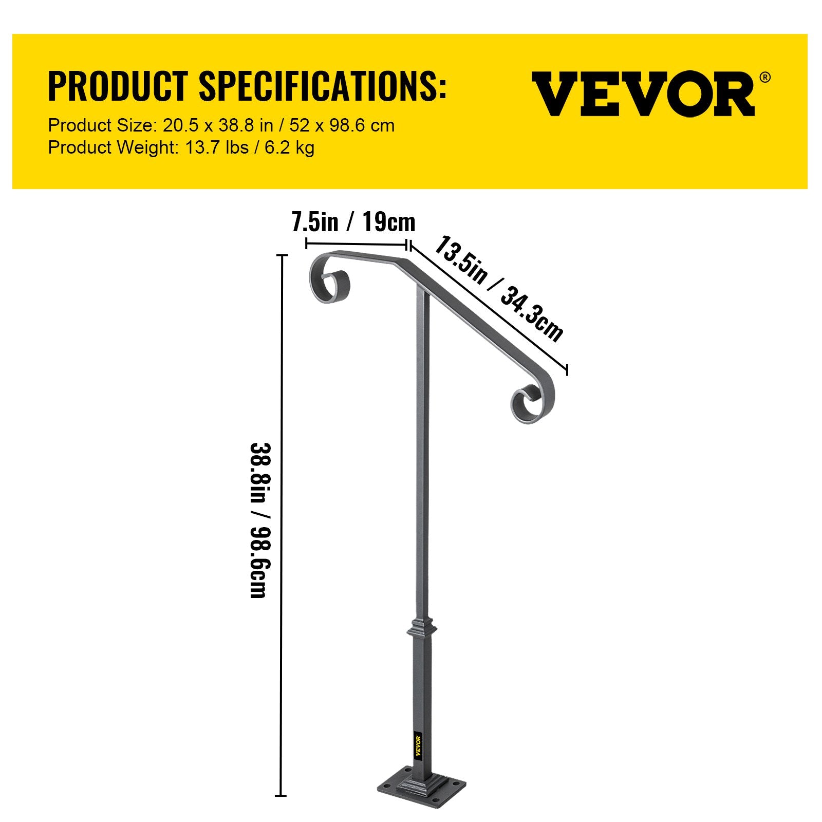 Handrails for Outdoor Steps, Fit 1 or 2 Steps Outdoor Stair Railing, Single Post Wrought Iron Handrail, Gray V952-LTFSSHSDDZJSFS001V0