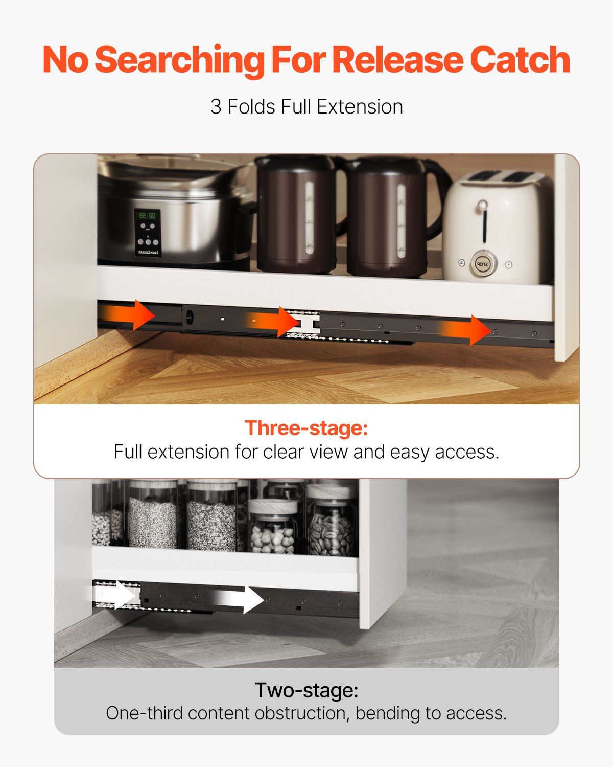 Undermount Drawer Slides, 16 inch, Full Extension Ball Bearing Under Stair Cabinet Rails, 260 LB Load V952-LTJHG16YC260XCXUUV0