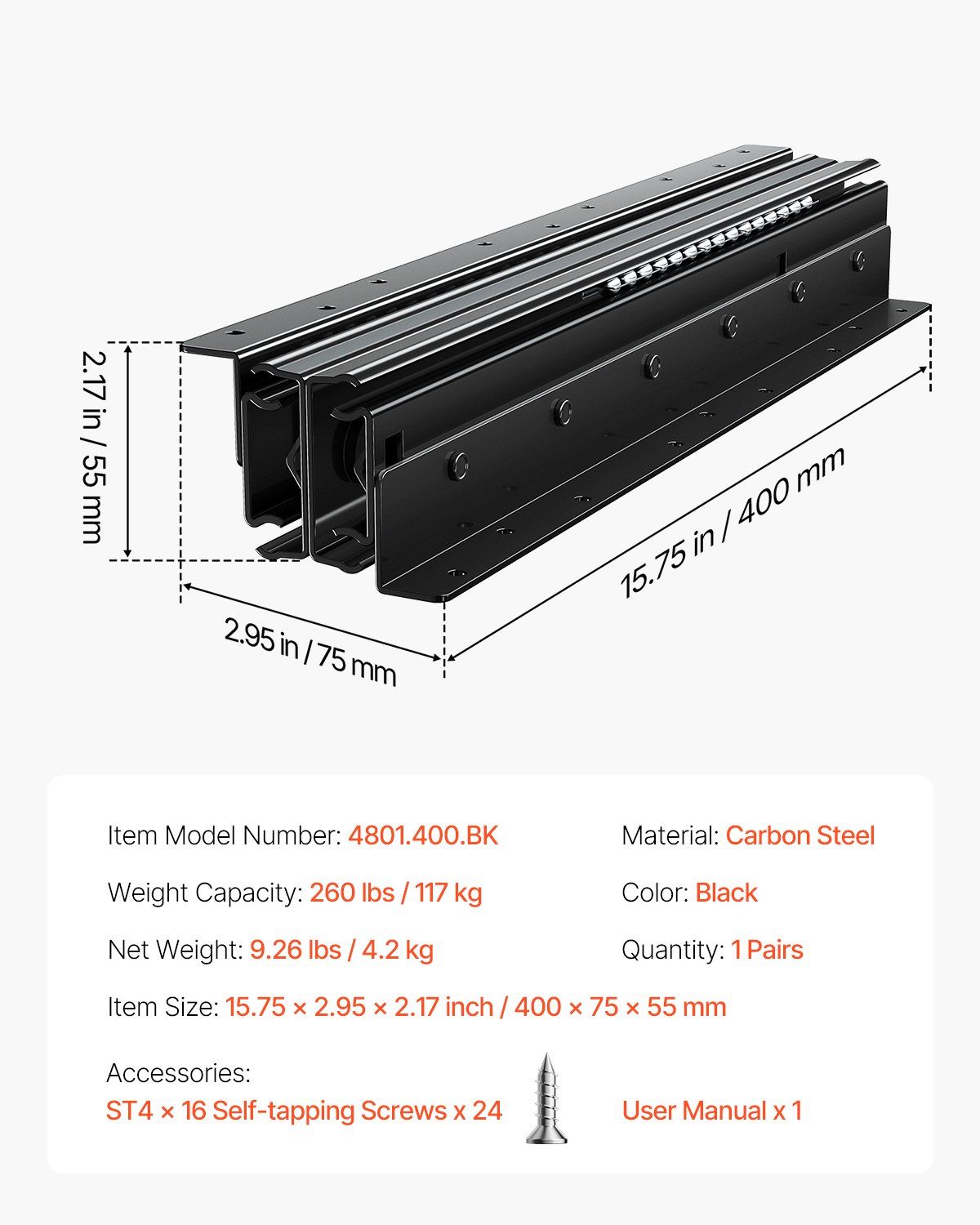 Undermount Drawer Slides, 16 inch, Full Extension Ball Bearing Under Stair Cabinet Rails, 260 LB Load V952-LTJHG16YC260XCXUUV0