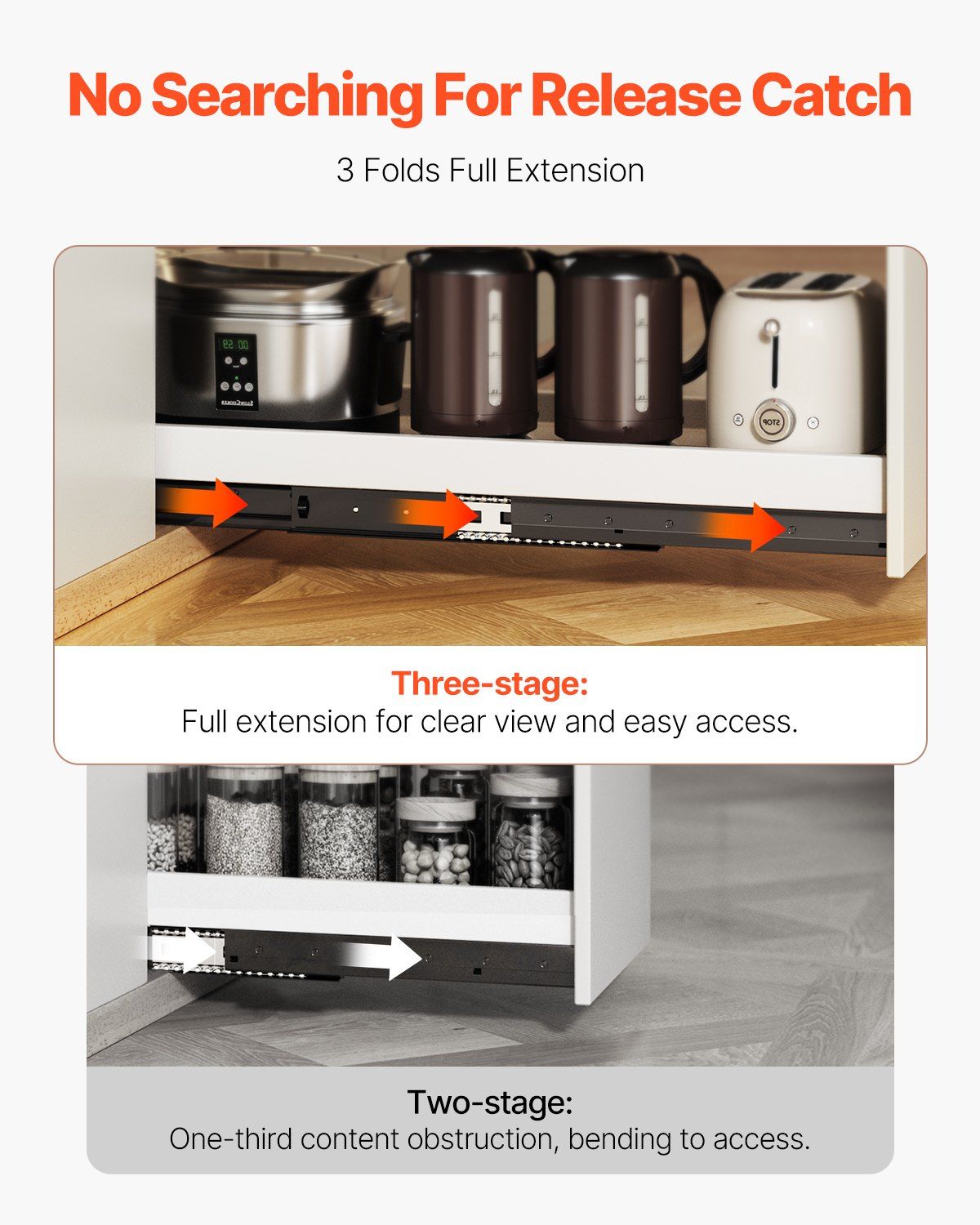 Undermount Drawer Slides, 40 inch, Full Extension Ball Bearing Under Stair Cabinet Rails, 260 LB Load V952-LTJHG40YC2601UNLGV0