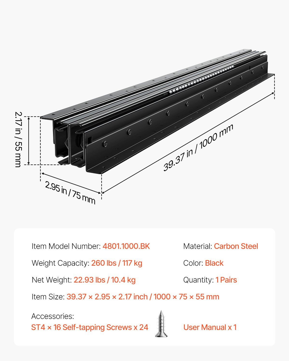 Undermount Drawer Slides, 40 inch, Full Extension Ball Bearing Under Stair Cabinet Rails, 260 LB Load V952-LTJHG40YC2601UNLGV0
