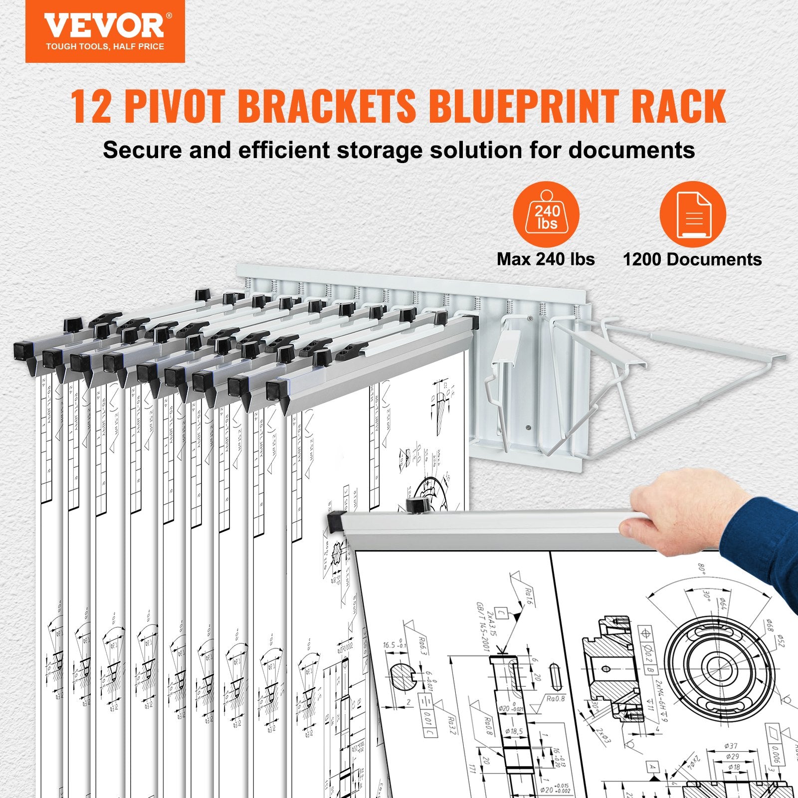 Wall Mount Blueprint Storage Rack Blueprint Holder with 12 Pivot Brackets V952-LTJJS12CBGS0O6TS3V0