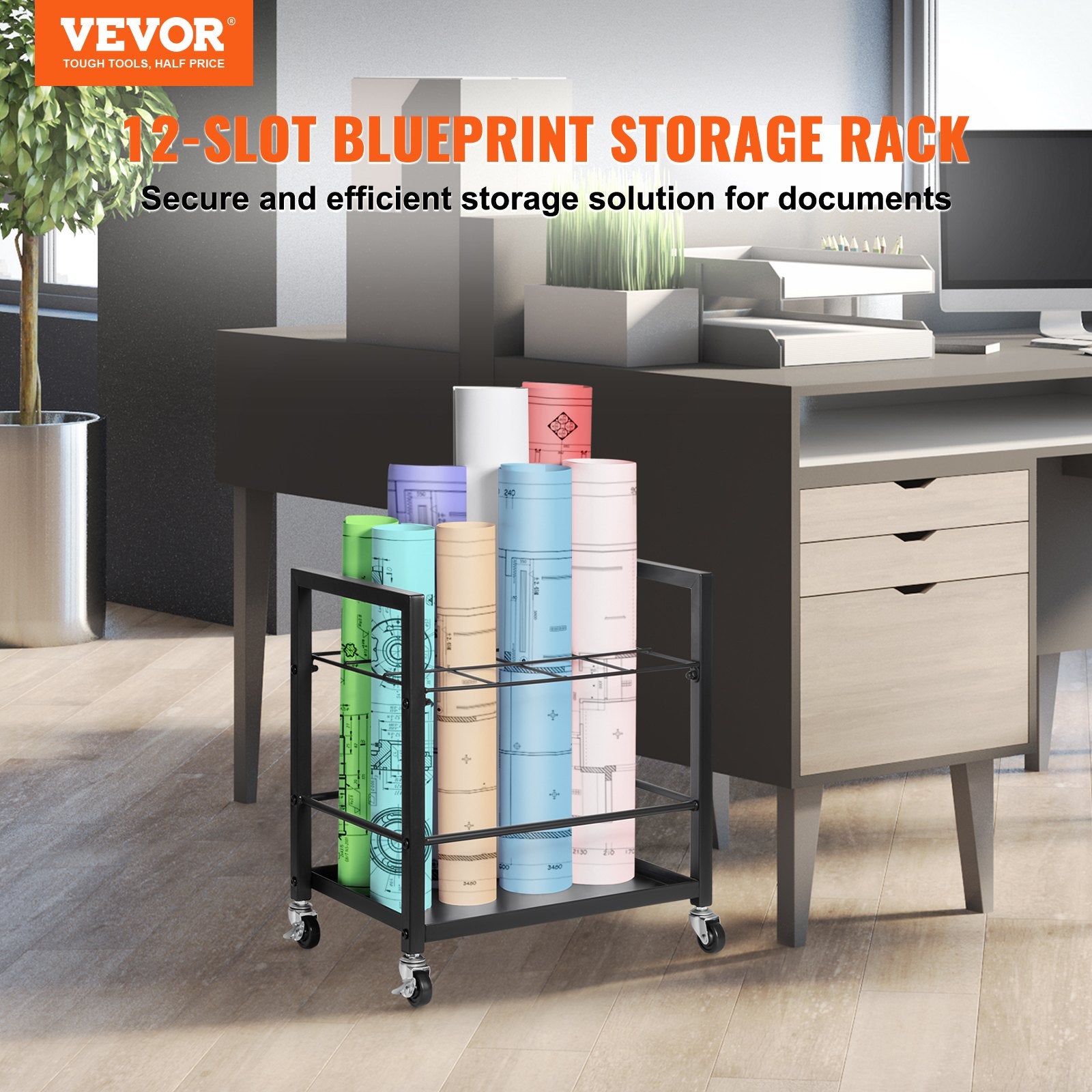 Blueprint Storage Rack, 12 Slots Blueprint Holder with Wheels, Mobile Metal Blueprint Storage Cart for Map V952-LTJJS12CLDS050UB8V0