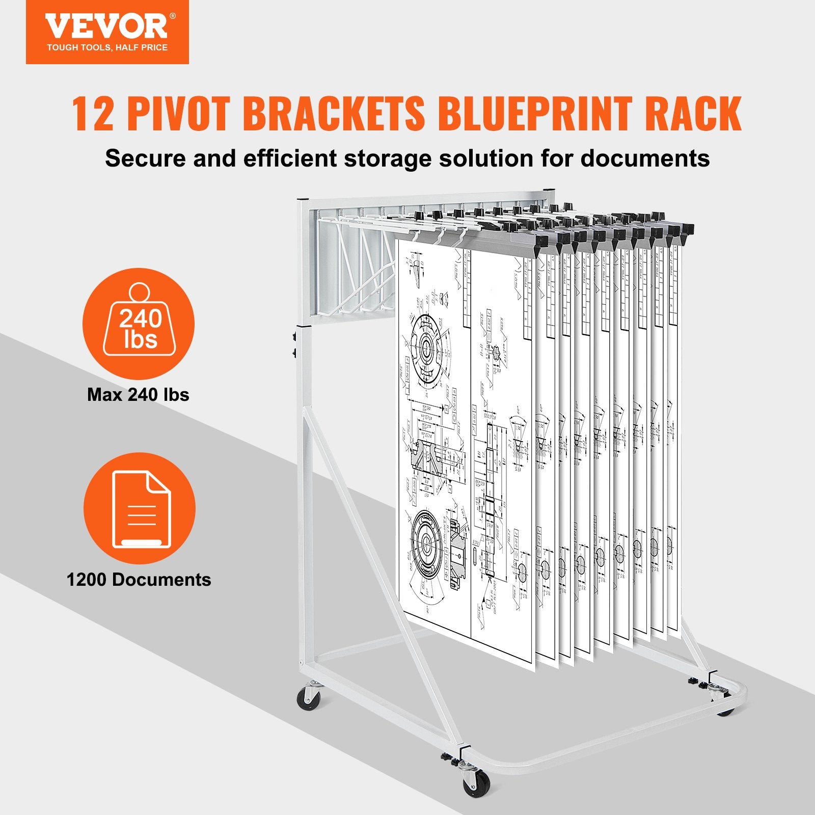 Mobile Blueprint Storage Rack, Plan Holder with 12 Pivot Brackets, Mobile Blueprint Holder Adjustable Height V952-LTJJS12CYDS0N873YV0