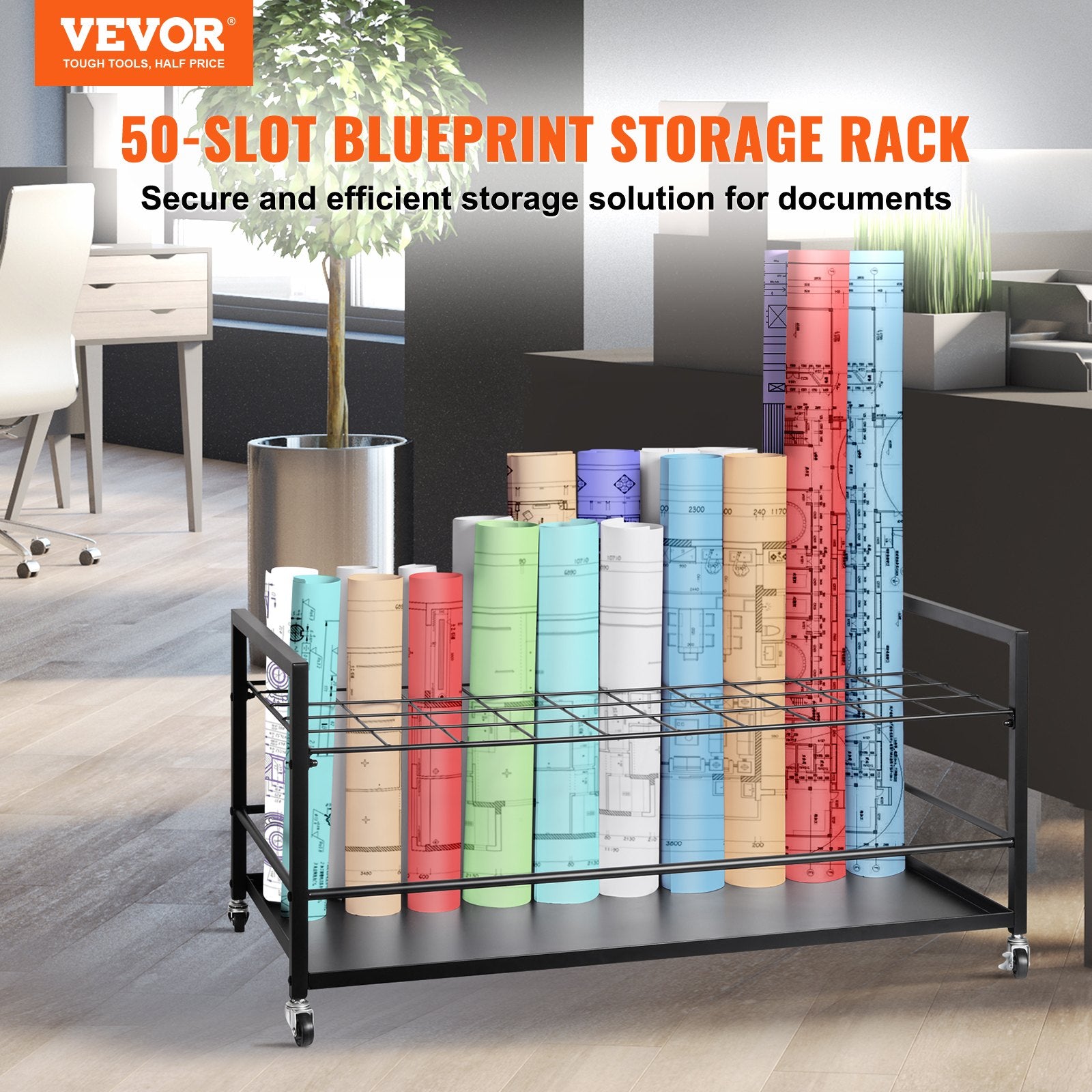 Blueprint Storage Rack 50 Slots Mobile Roll File Holder for Architectural V952-LTJJS50CLDS018IB0V0