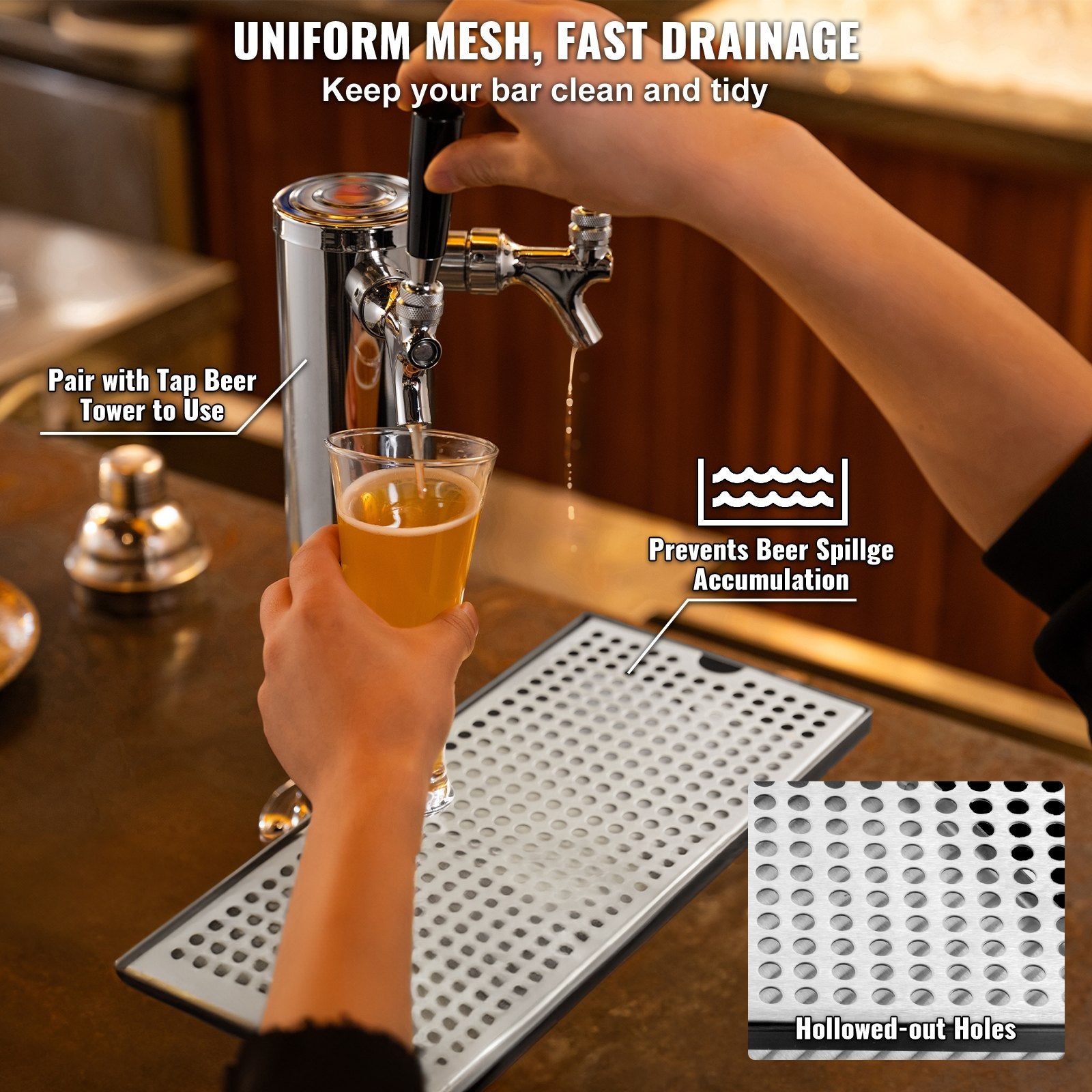 Beer Drip Tray, 304 Stainless Steel Kegerator Drip Trays with 4 Non-Slip Rubber Pads and Detachable Cover, V952-LTJZCGDSPW00FW1N4V0