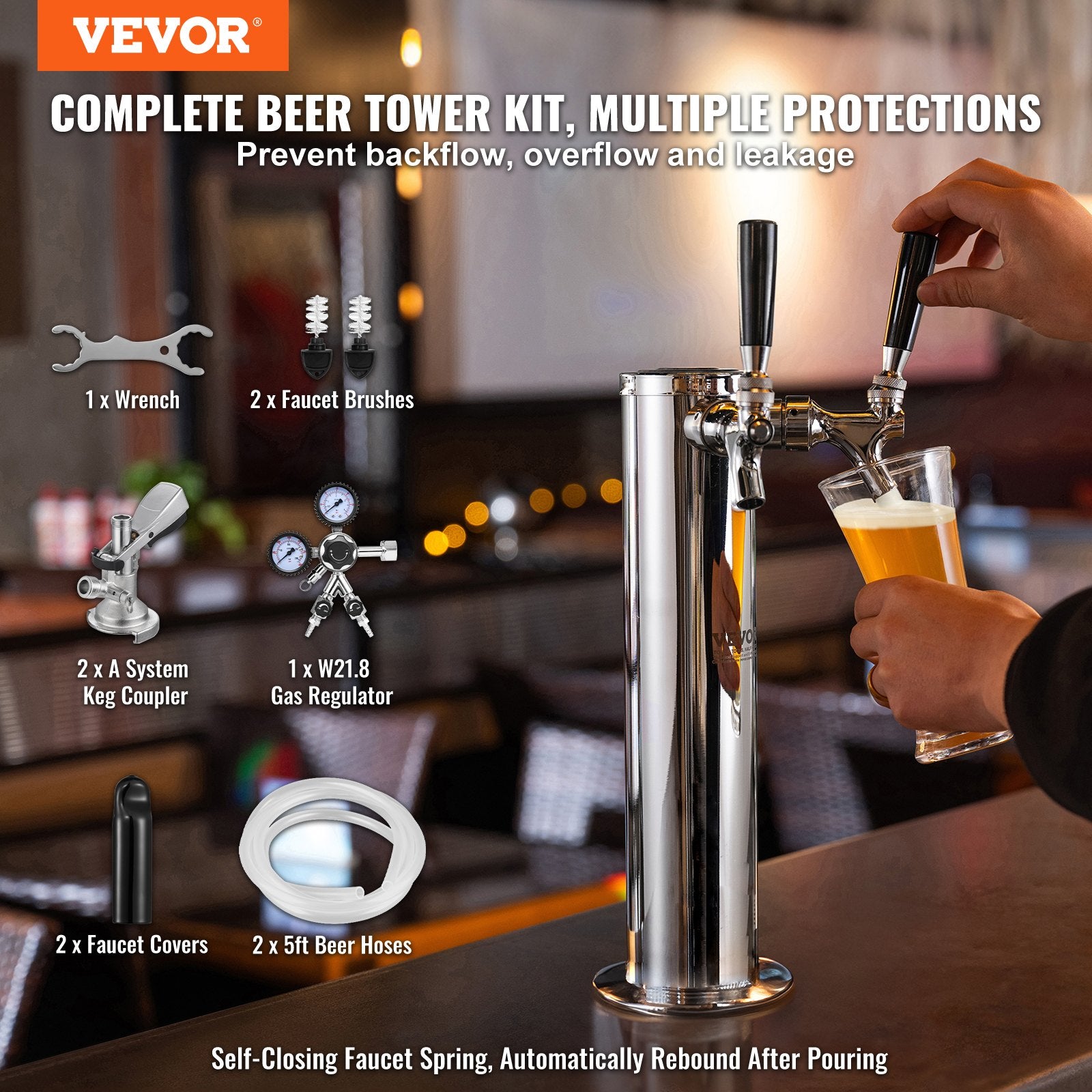 Kegerator Tower Kit, Dual Taps Beer Conversion Kit, Stainless Steel Keg Beer Tower Dispenser with Dual Gauge V952-LTJZSBDYQOHQSL9KEV0
